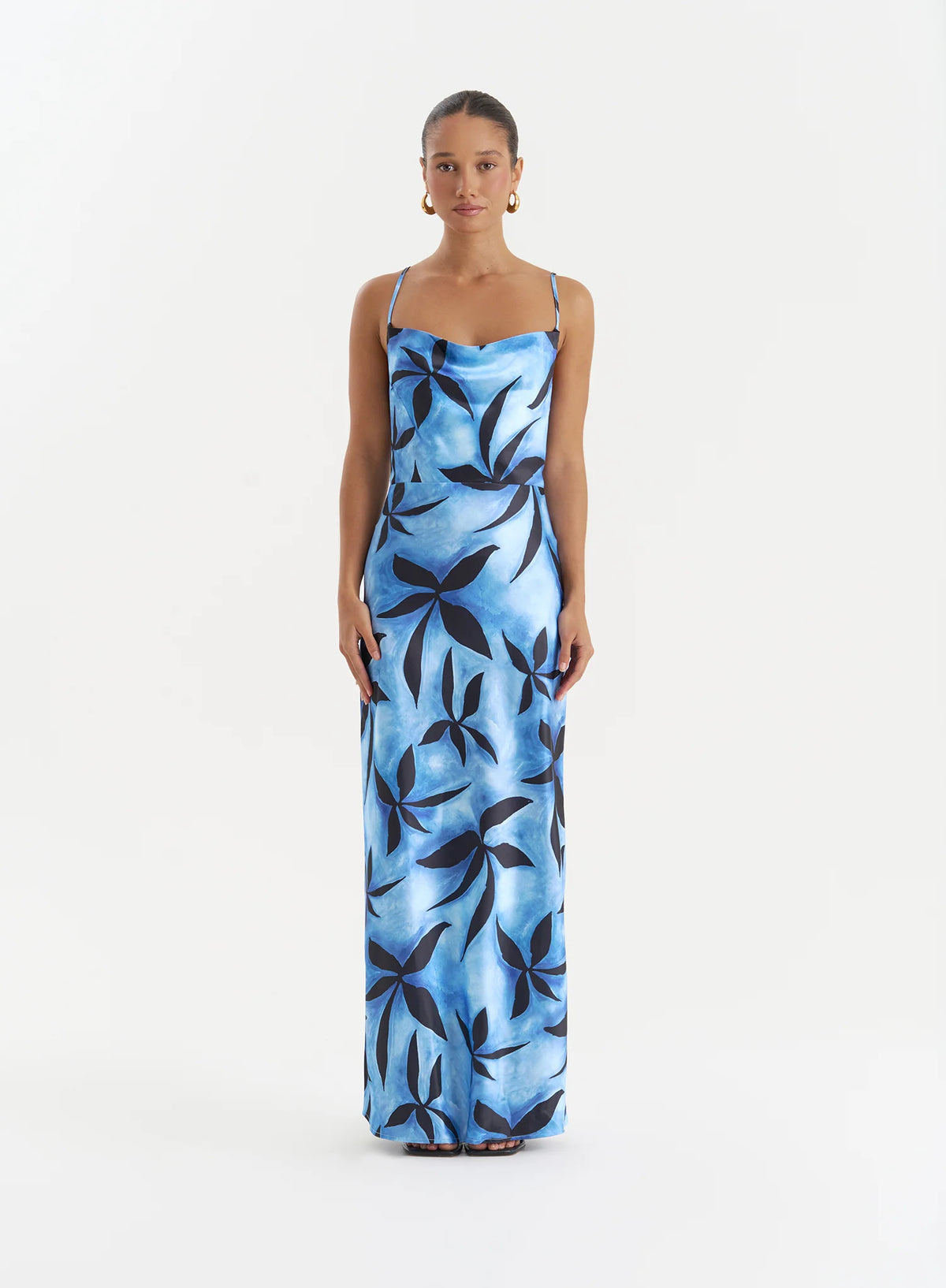Blue Floral Print Satin Maxi Dress Monique