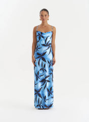Blue Floral Print Satin Maxi Dress Monique