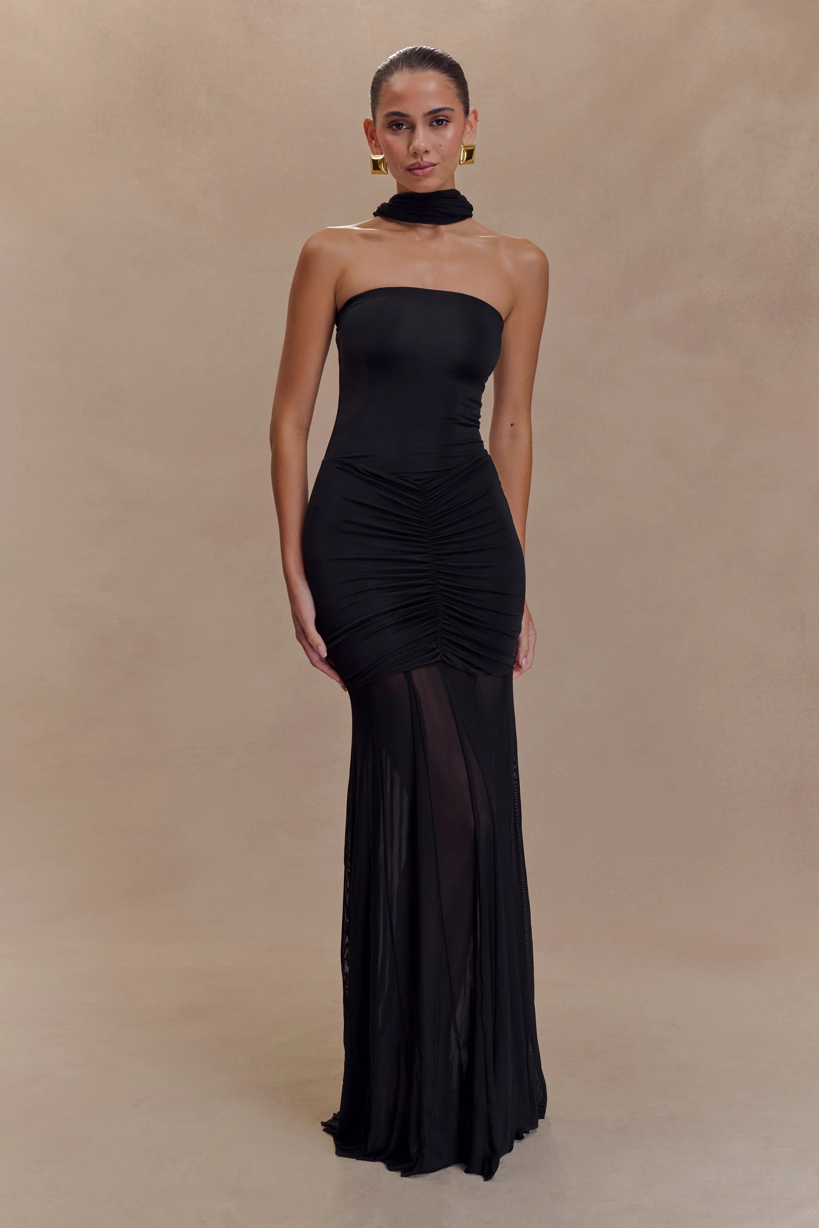 Caspian Slinky And Mesh Off Shoulder Maxi Dress Black