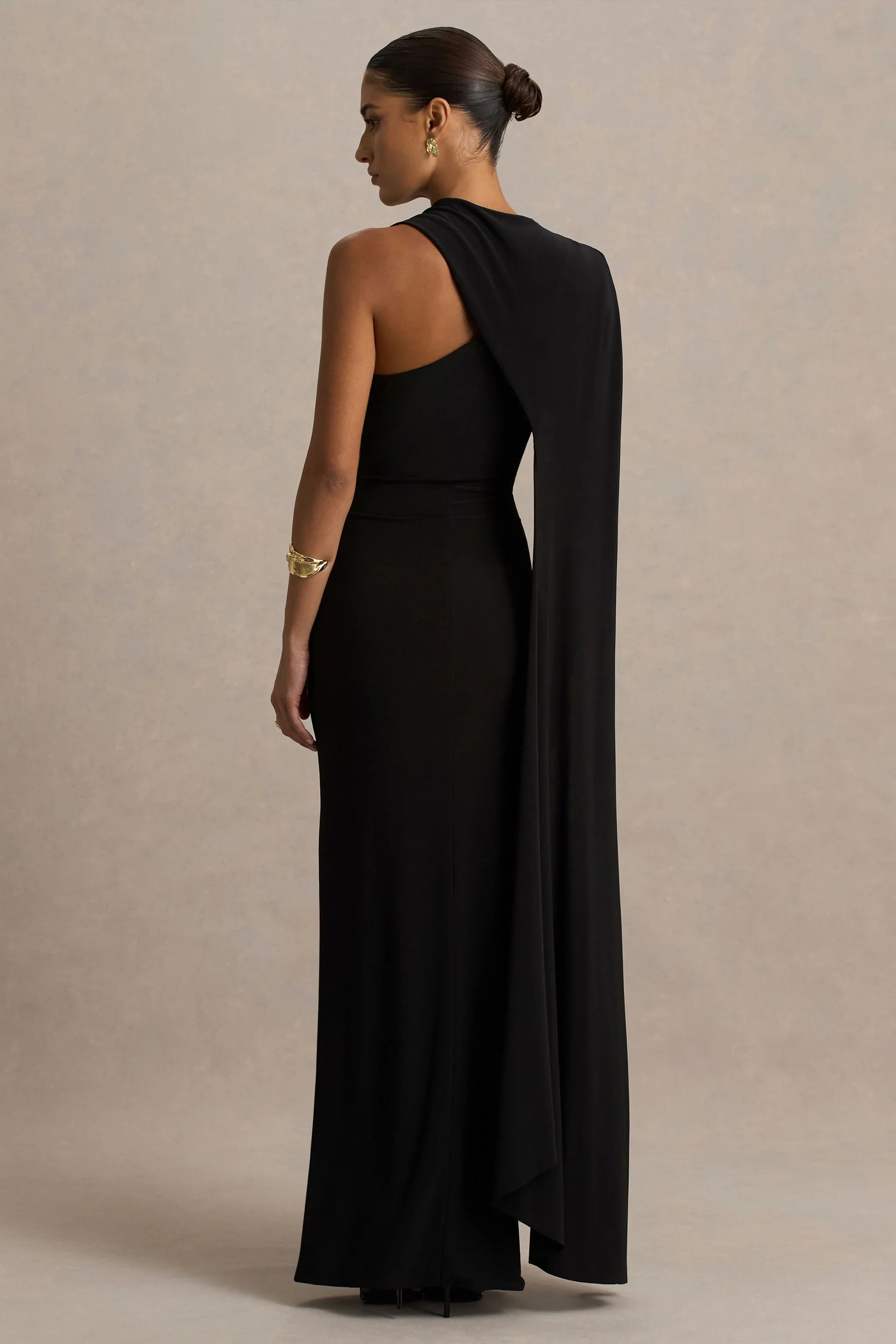 Dawn Black High Neck Maxi Dress With One Long Cape Sleeve