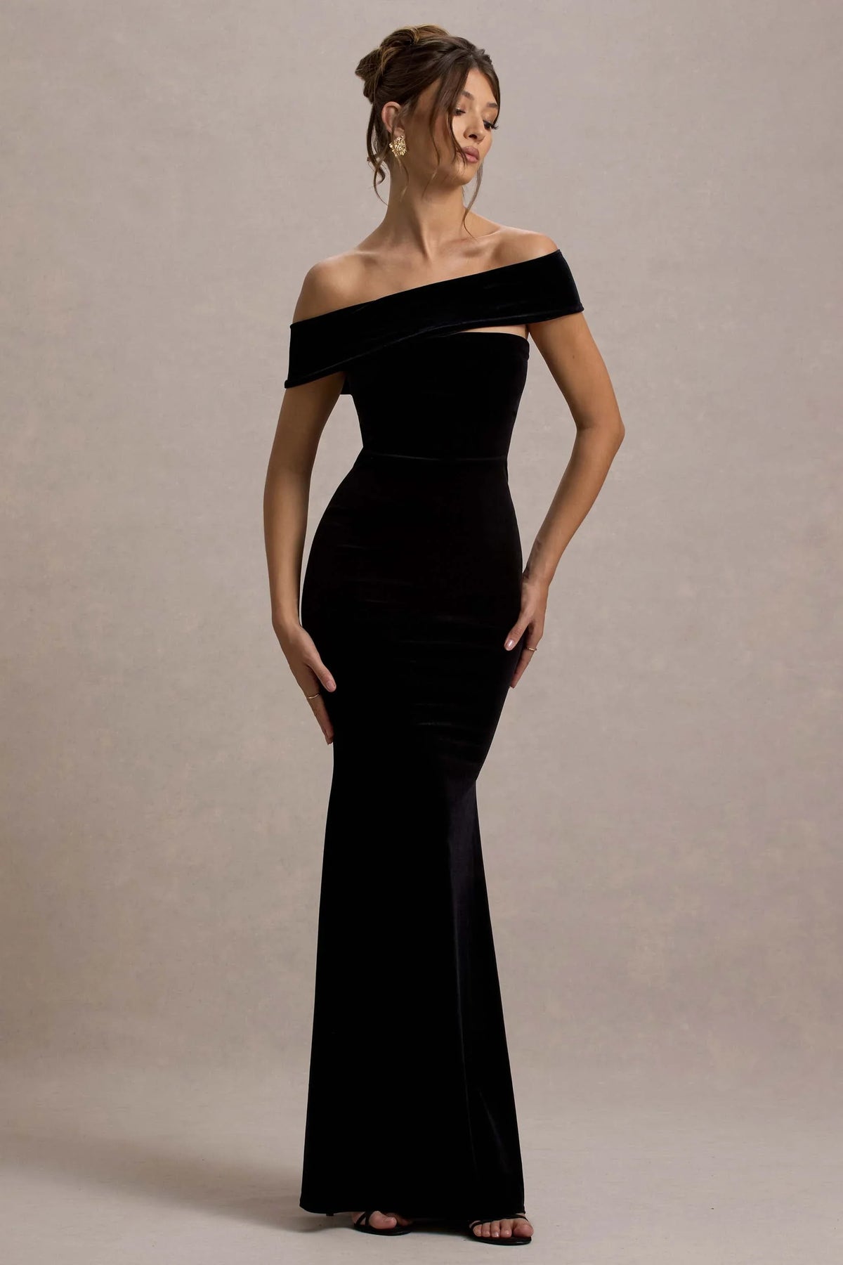 Candela Black Velvet Asymmetric Bardot Maxi Dress