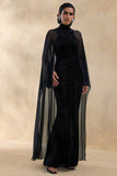 Adoring Black Velvet High Neck Maxi Dress With Cape