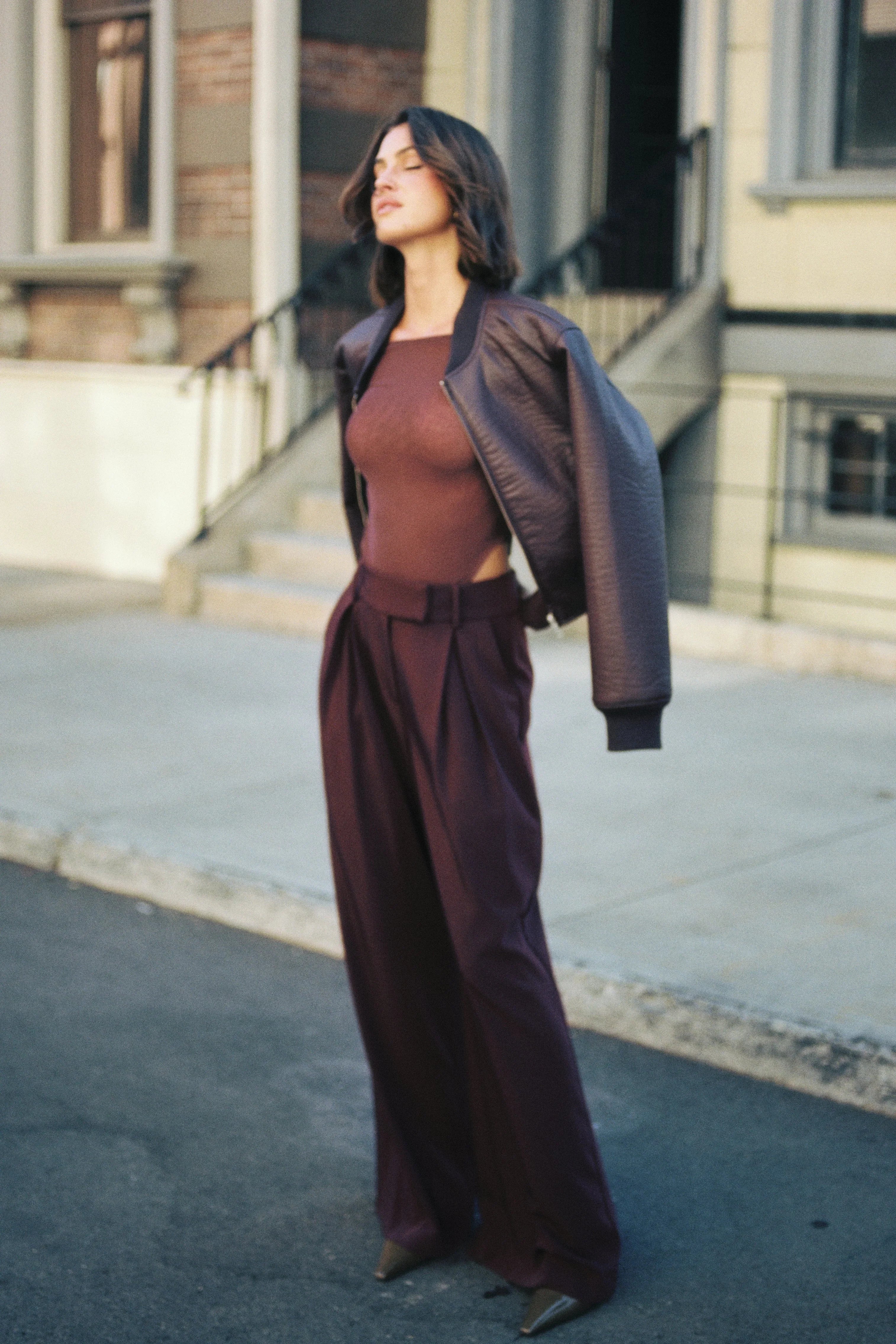 Codi Faux Leather Bomber Jacket Merlot