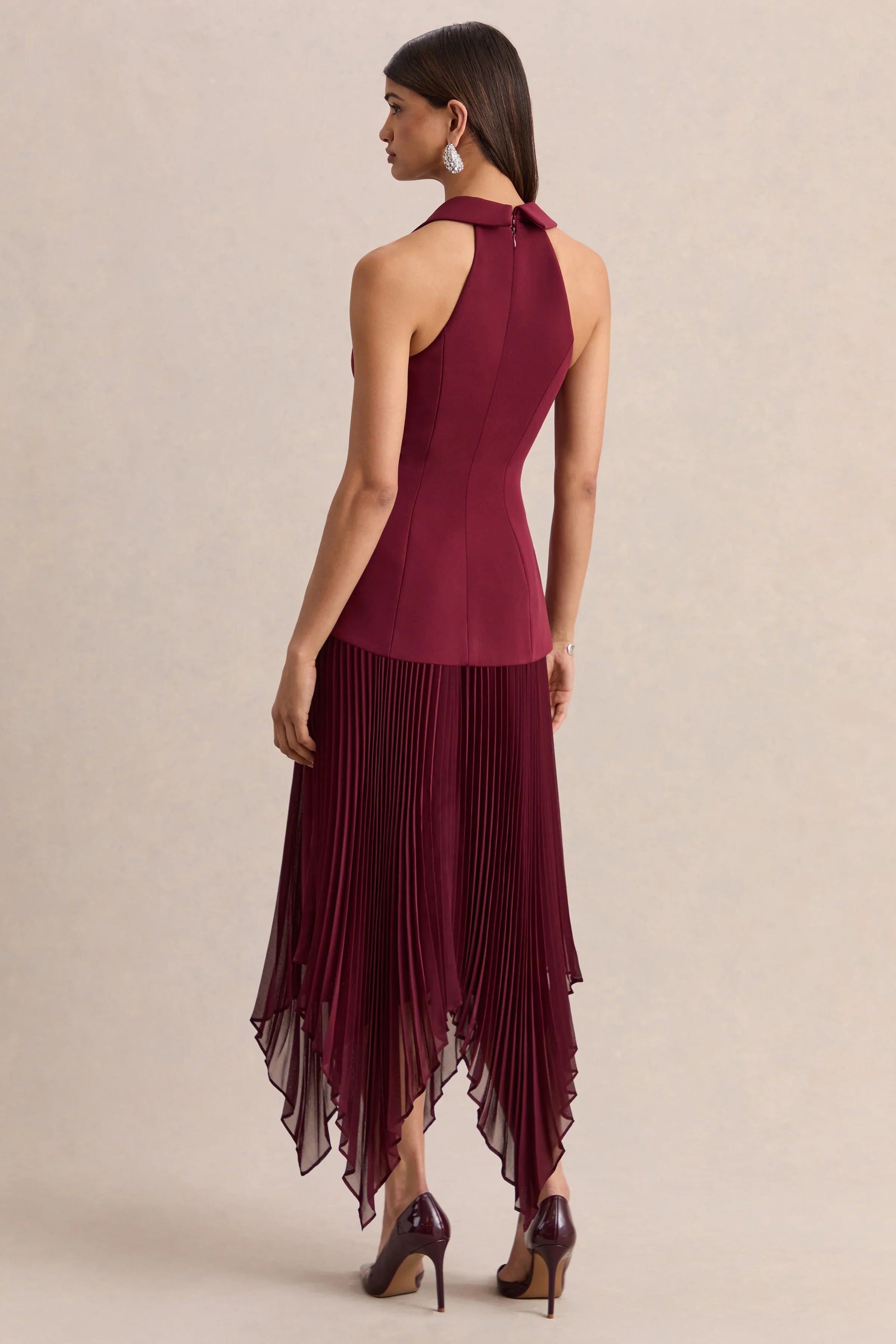 Marvelle Burgundy Plunge Neck Maxi Dress With Hanky Hem