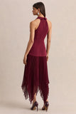 Marvelle Burgundy Plunge Neck Maxi Dress With Hanky Hem