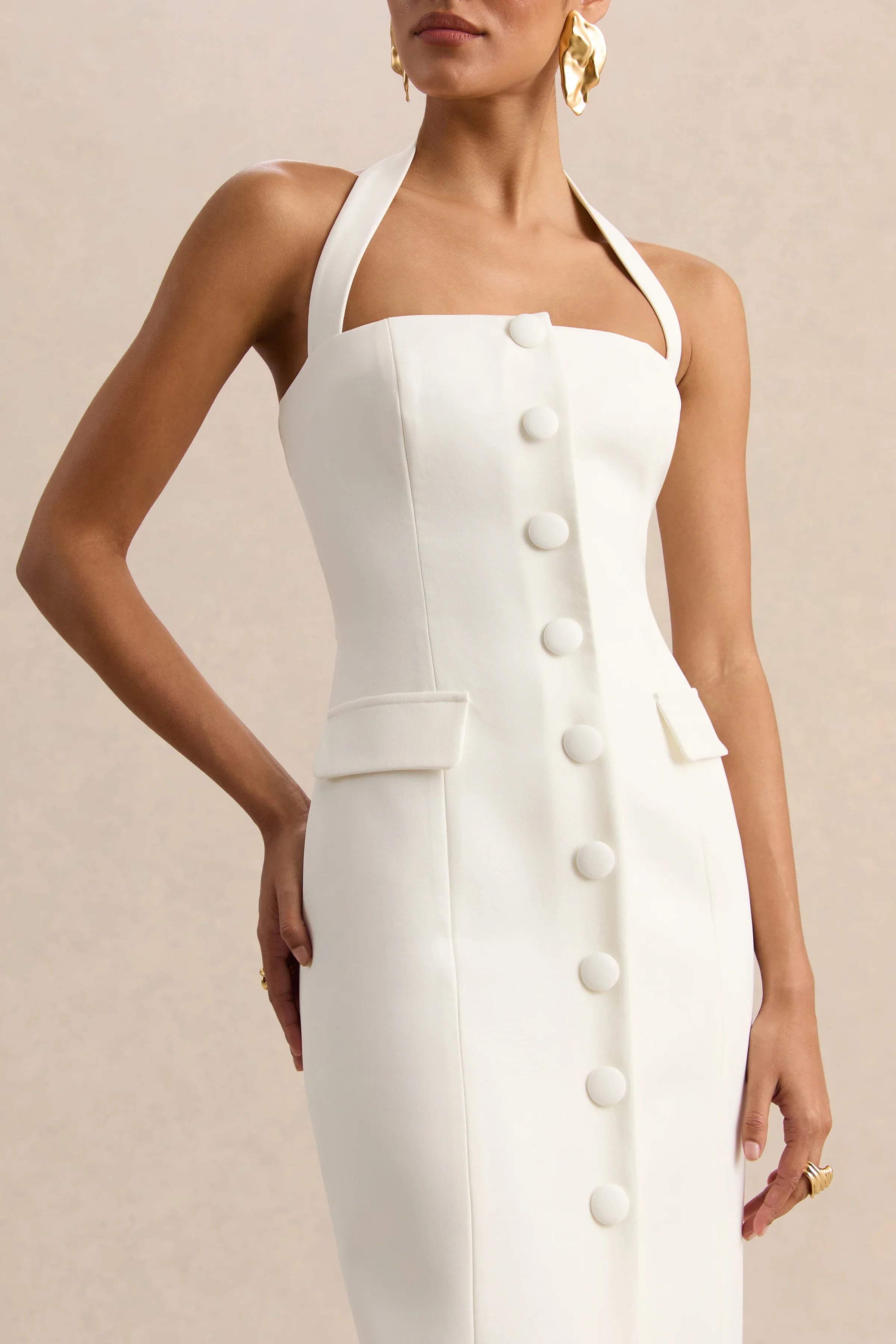 Steph White Halter Neck Tailored Maxi Dress