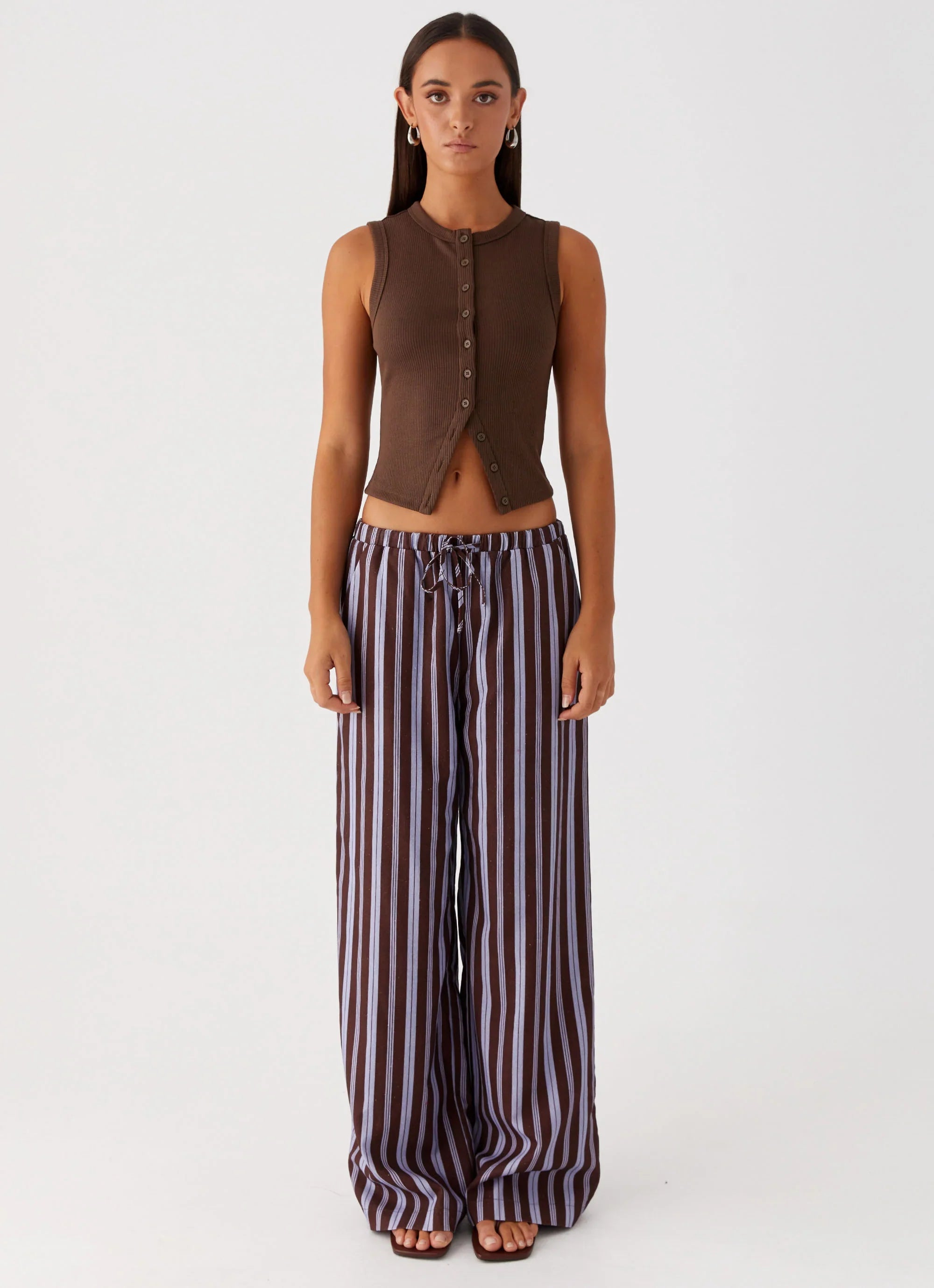Fresh Face Linen Pants Purple Brown Stripe
