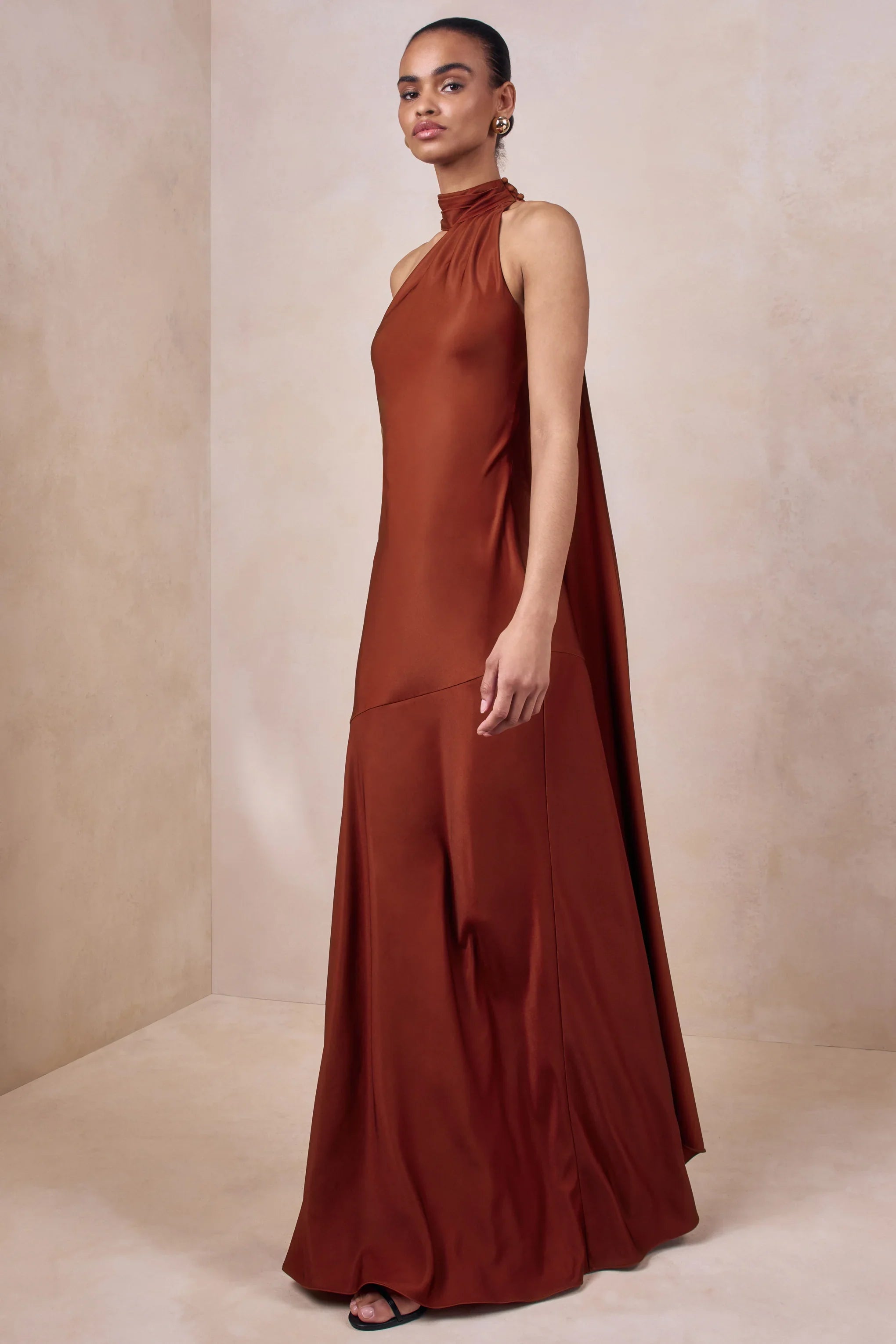 Cara Rust Matte Satin High Neck Maxi Dress