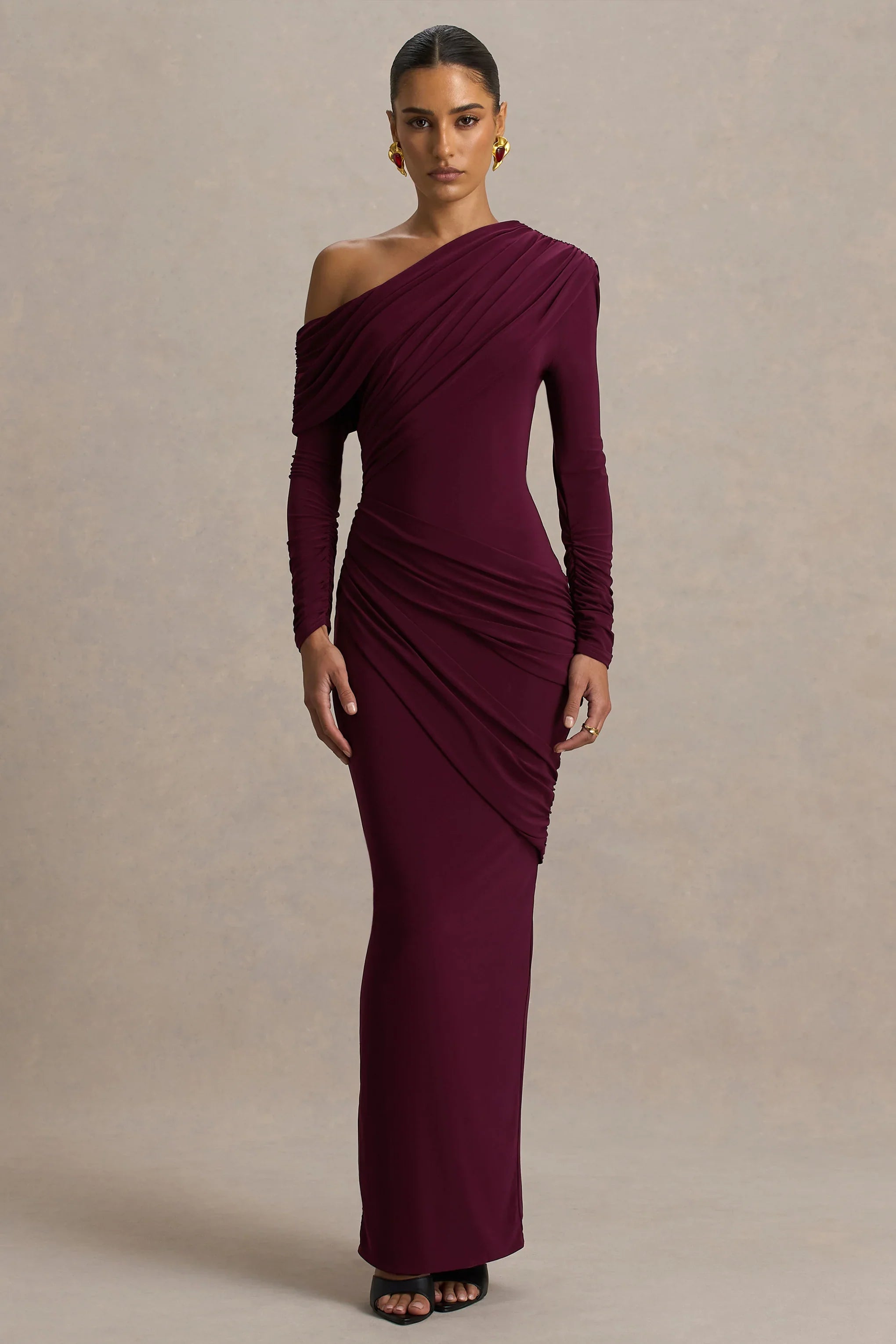 Perrie Burgundy Asymmetric Neck Maxi Dress With Ruched Detailing