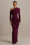 Perrie Burgundy Asymmetric Neck Maxi Dress With Ruched Detailing