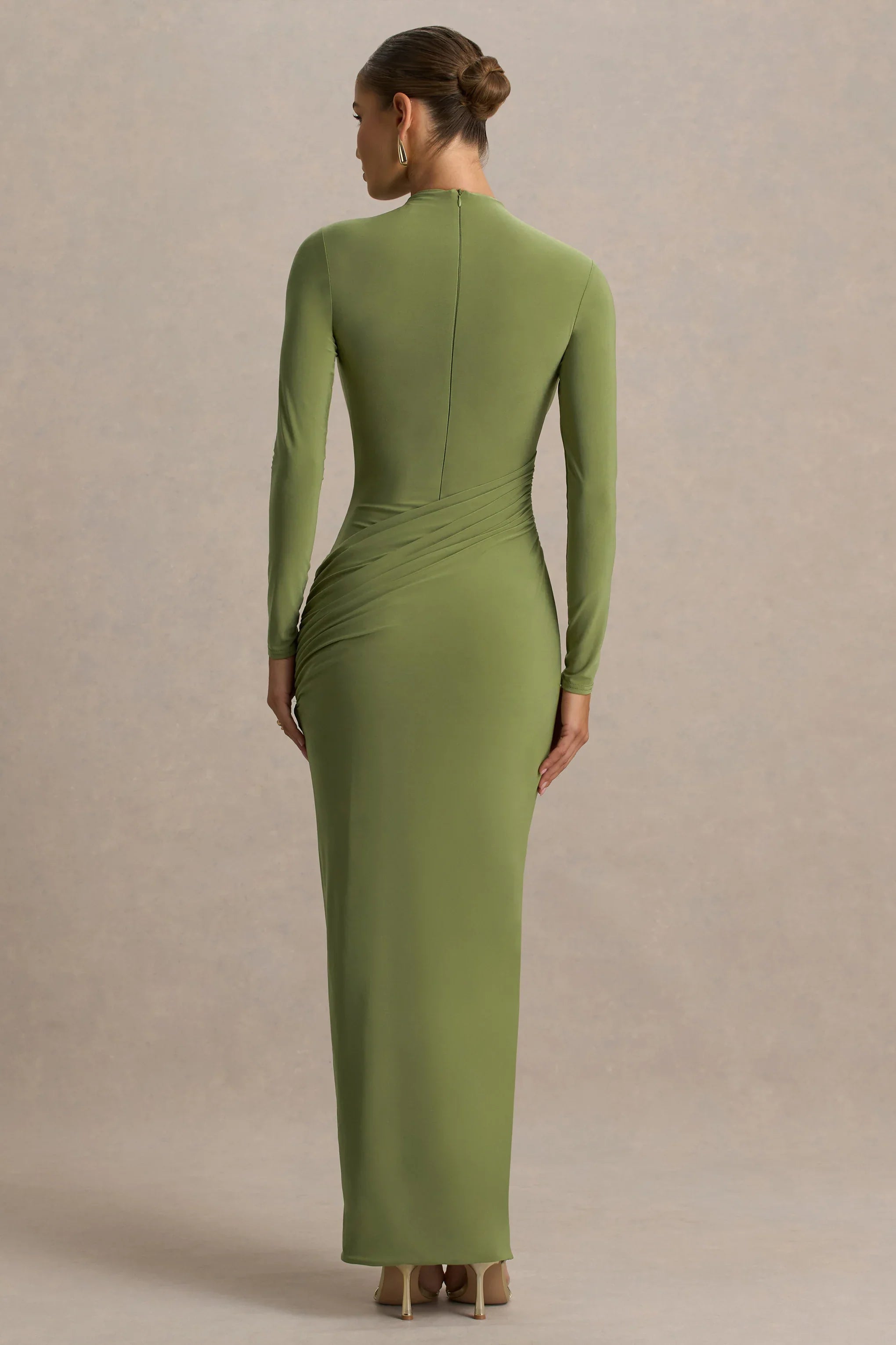 Zephyra Olive High Neck Wrapped Maxi Dress