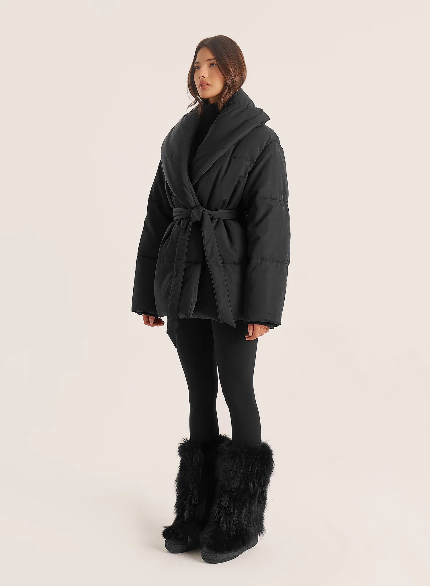 Black Wrap Waist Belted Puffer Coat