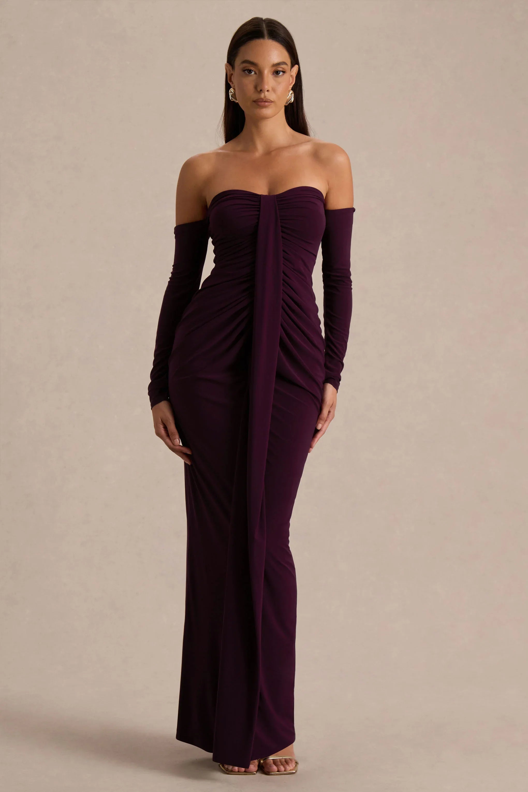 Harper Plum Bardot Neck Maxi Dress
