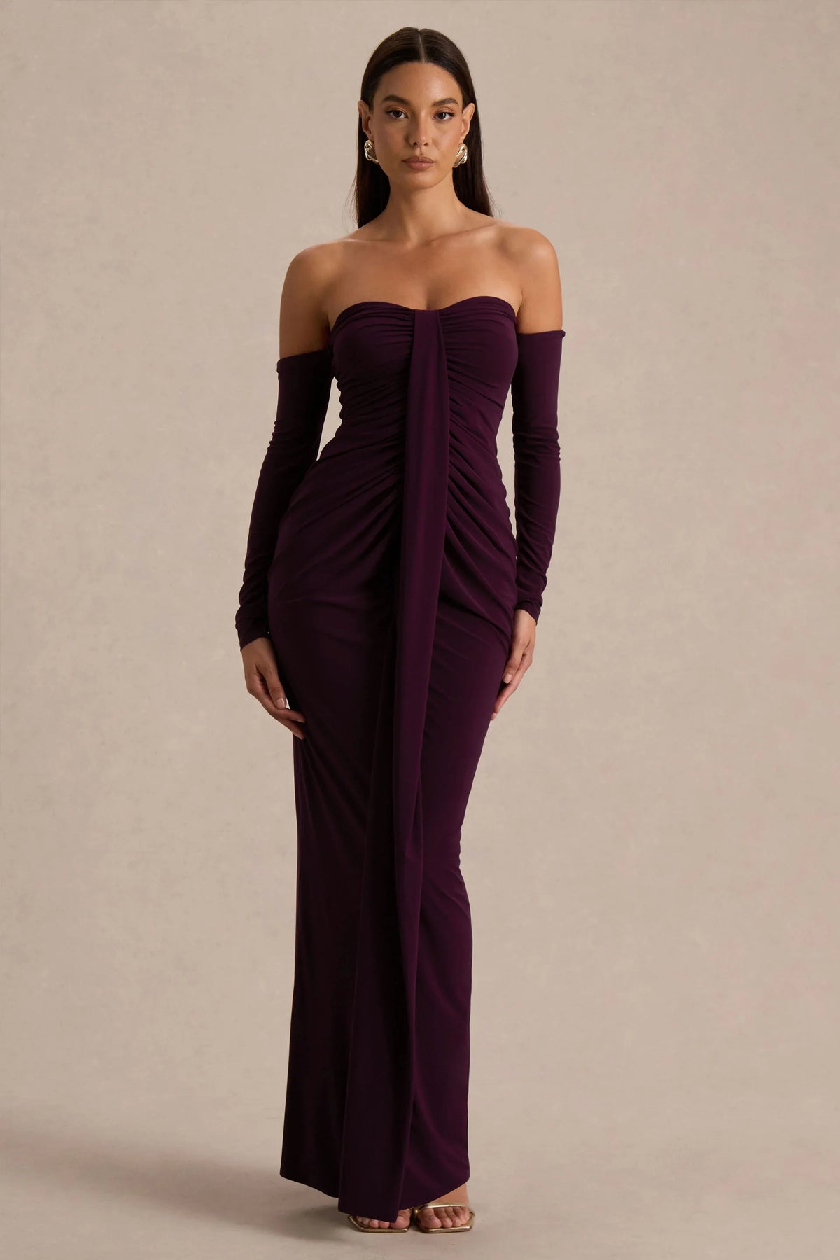 Harper Plum Bardot Neck Maxi Dress