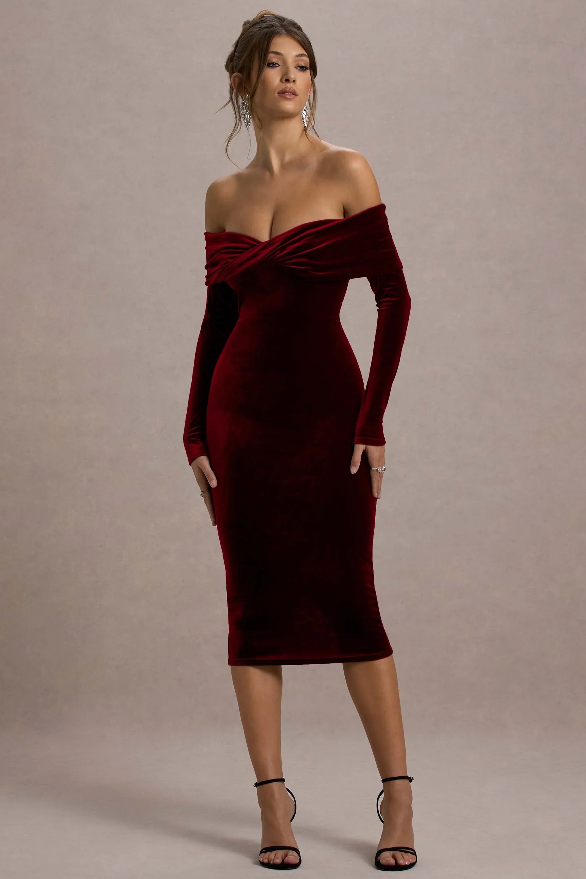 Compliment Berry Velvet Bardot Midi Dress