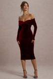 Compliment Berry Velvet Bardot Midi Dress