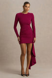 Zaya Burgundy Long Sleeve Mini Dress With Drape