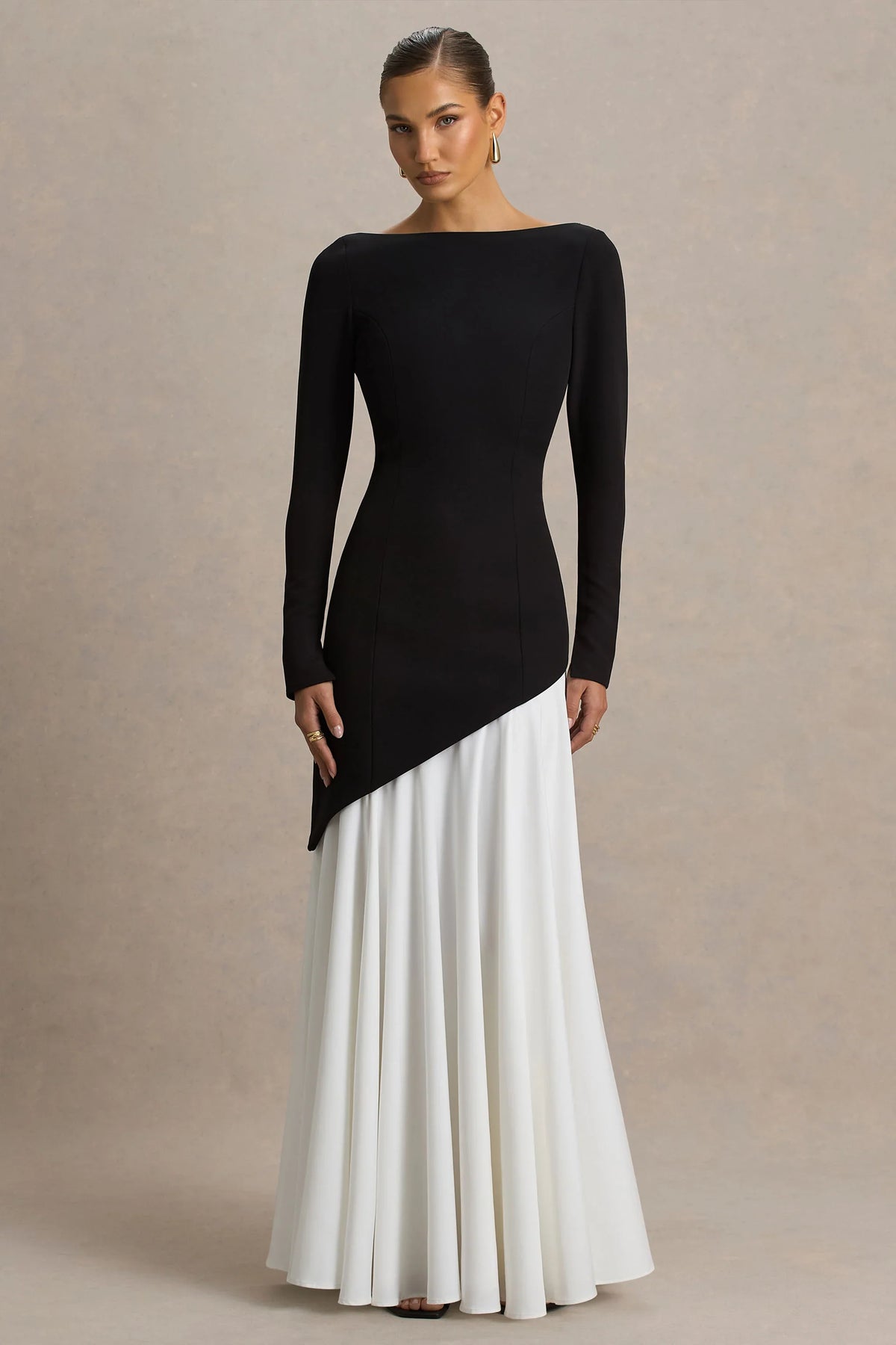 Caty Black And White Long Sleeved Maxi Dress With Asymmetric Drop Waist