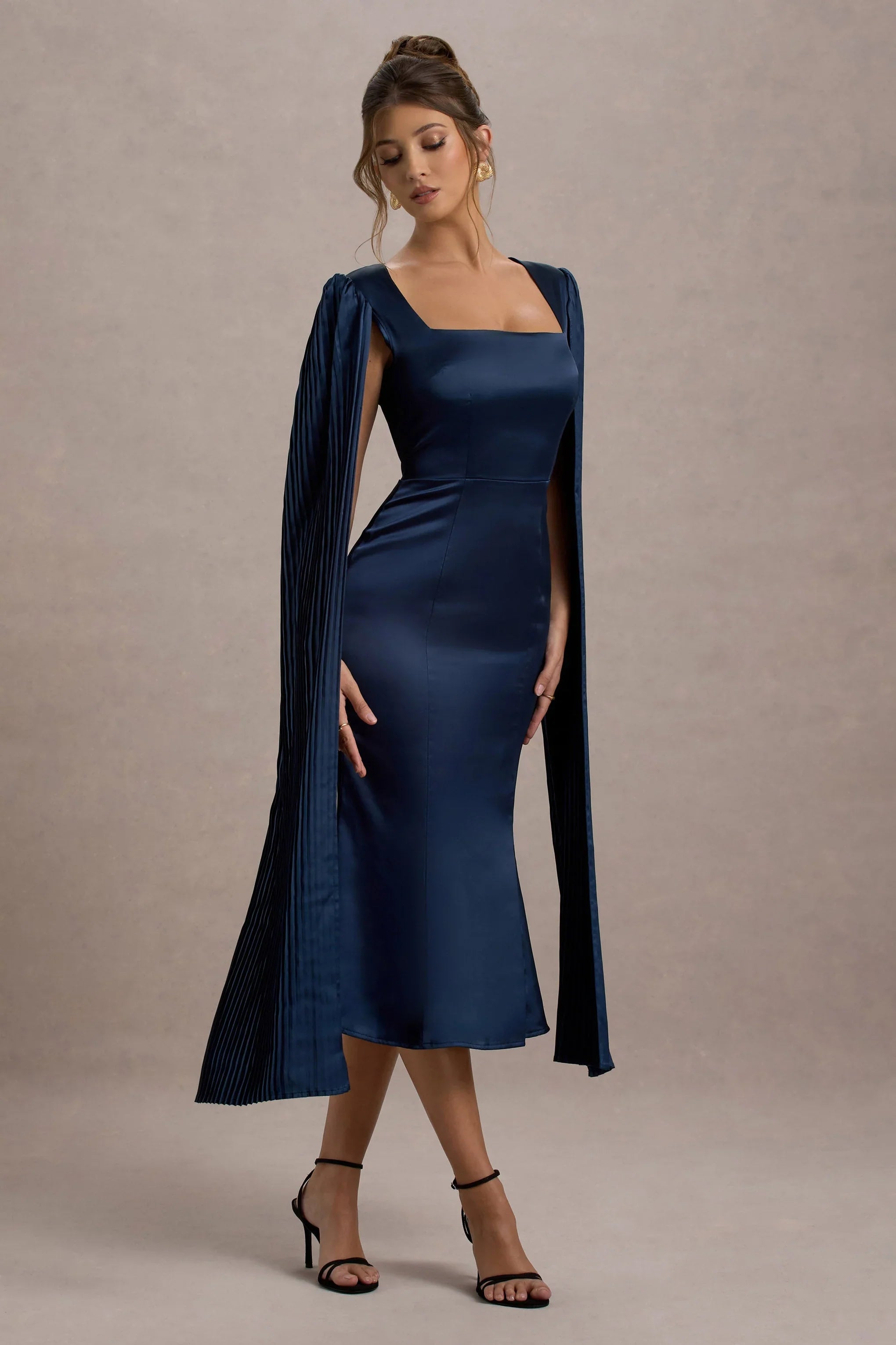 Nalda Navy Square Neck Midi Dress With Cape Sleeves