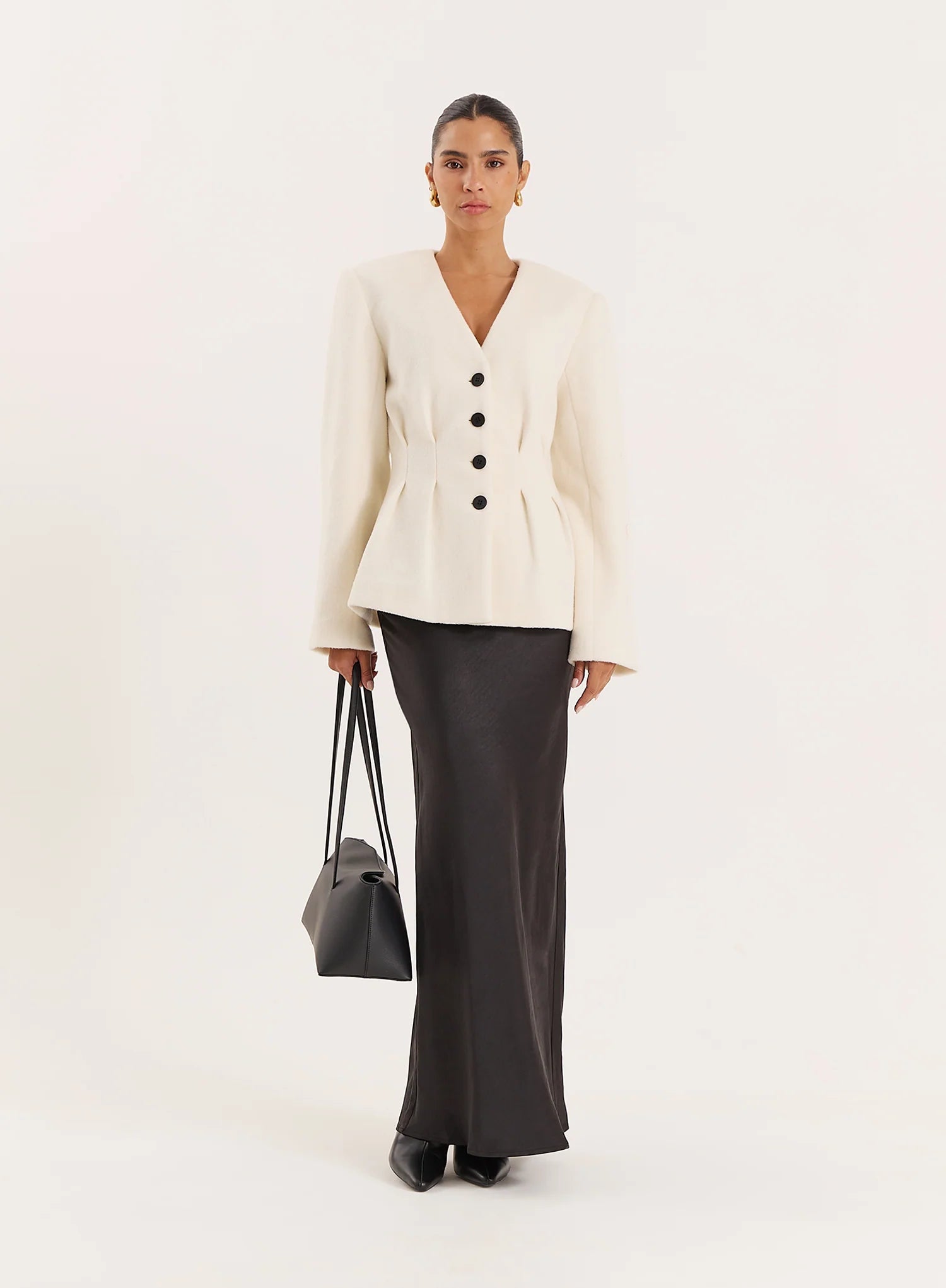 Cream Tailored Cinched Waist Wool Blend Blazer