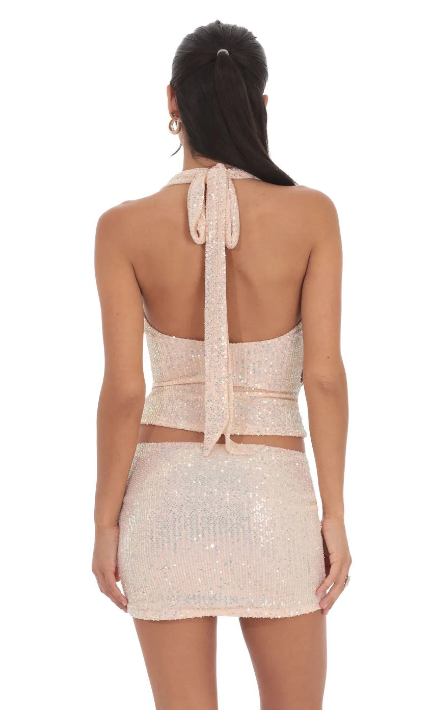 Sequin Halter Top in Rose Gold