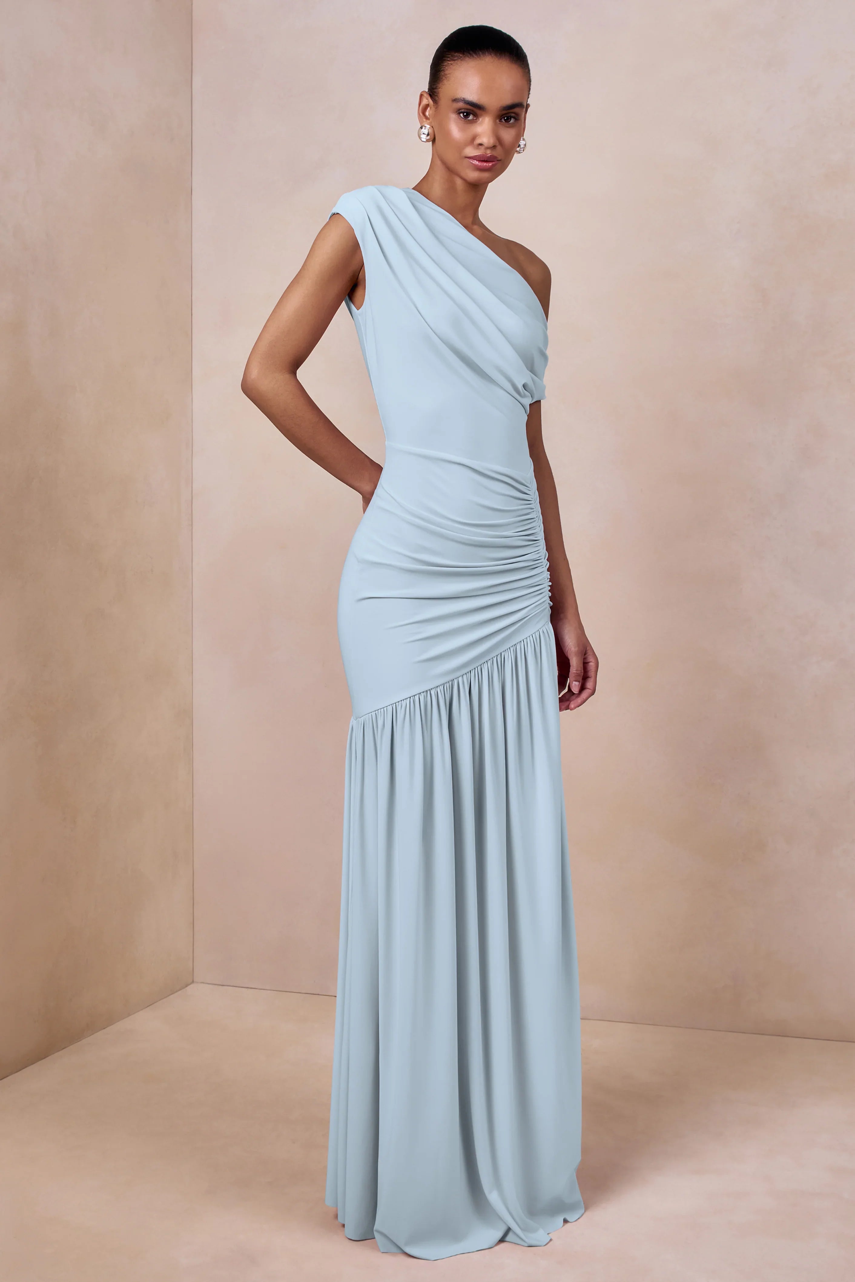 Kady Powder Blue Asymmetric Neck Maxi Dress With Ruched Detailing