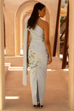 Clementina Powder Blue Rose Print Asymmetric Cape Sleeve Maxi Dress