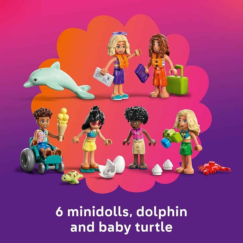 LEGO Friends Family Vacation Beach Resort Pretend Play Building Toy Adventure Storytelling Playset with Dolphin Toys and Sea Turtles Creative Birthday Gift Idea for Girls Boys 8 42673