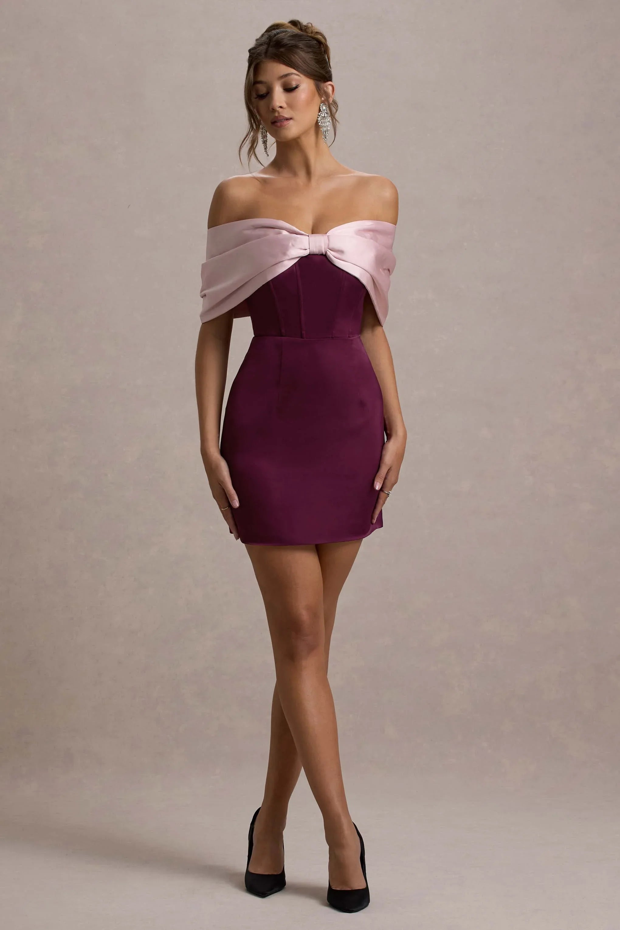 Linley Burgundy Pink Satin Bow Bardot Mini Dress