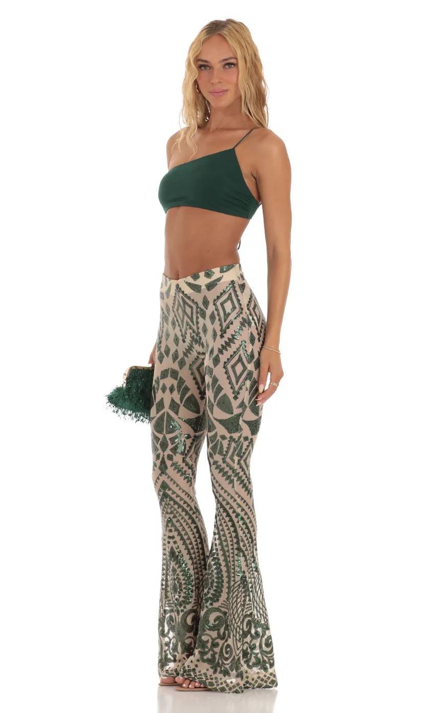 Sequin One Shoulder Two Piece Set in Green