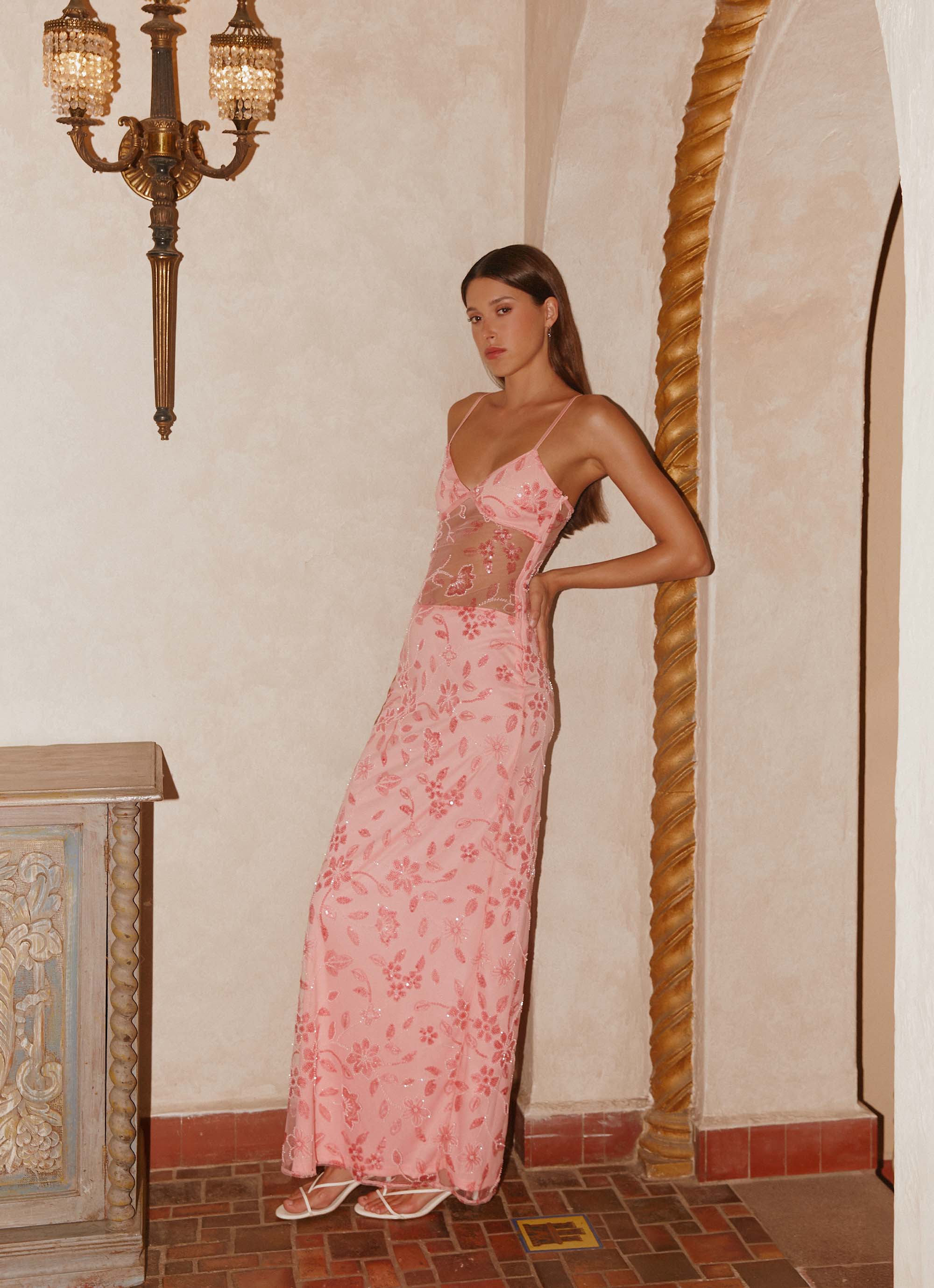 Akira Beaded Maxi Dress Pink Orange