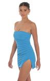 Strapless Side Ruched Dress in Aqua Blue