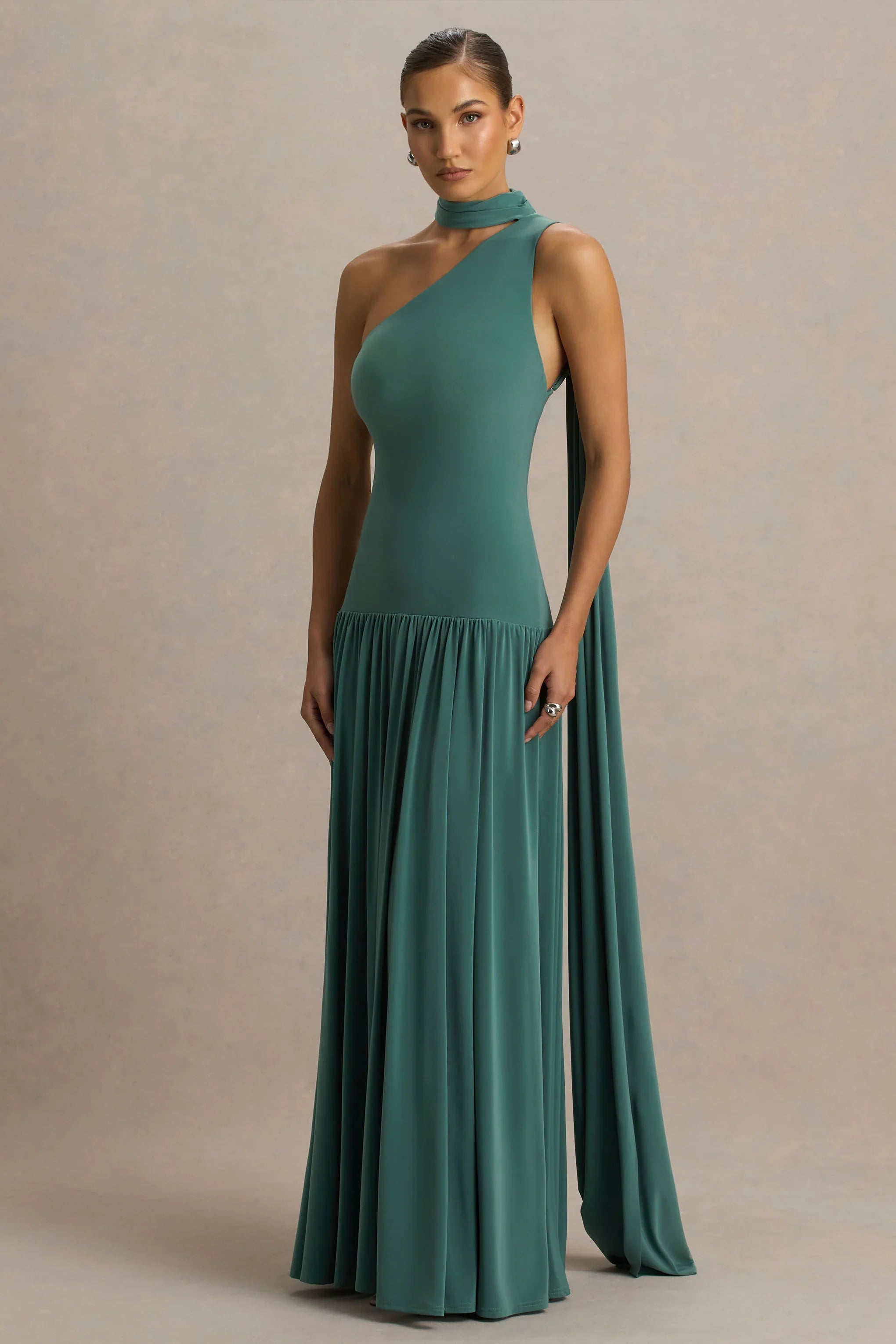 Freesia Teal Asymmetric Neck Maxi Dress With Scarf Detail