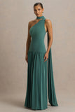 Freesia Teal Asymmetric Neck Maxi Dress With Scarf Detail