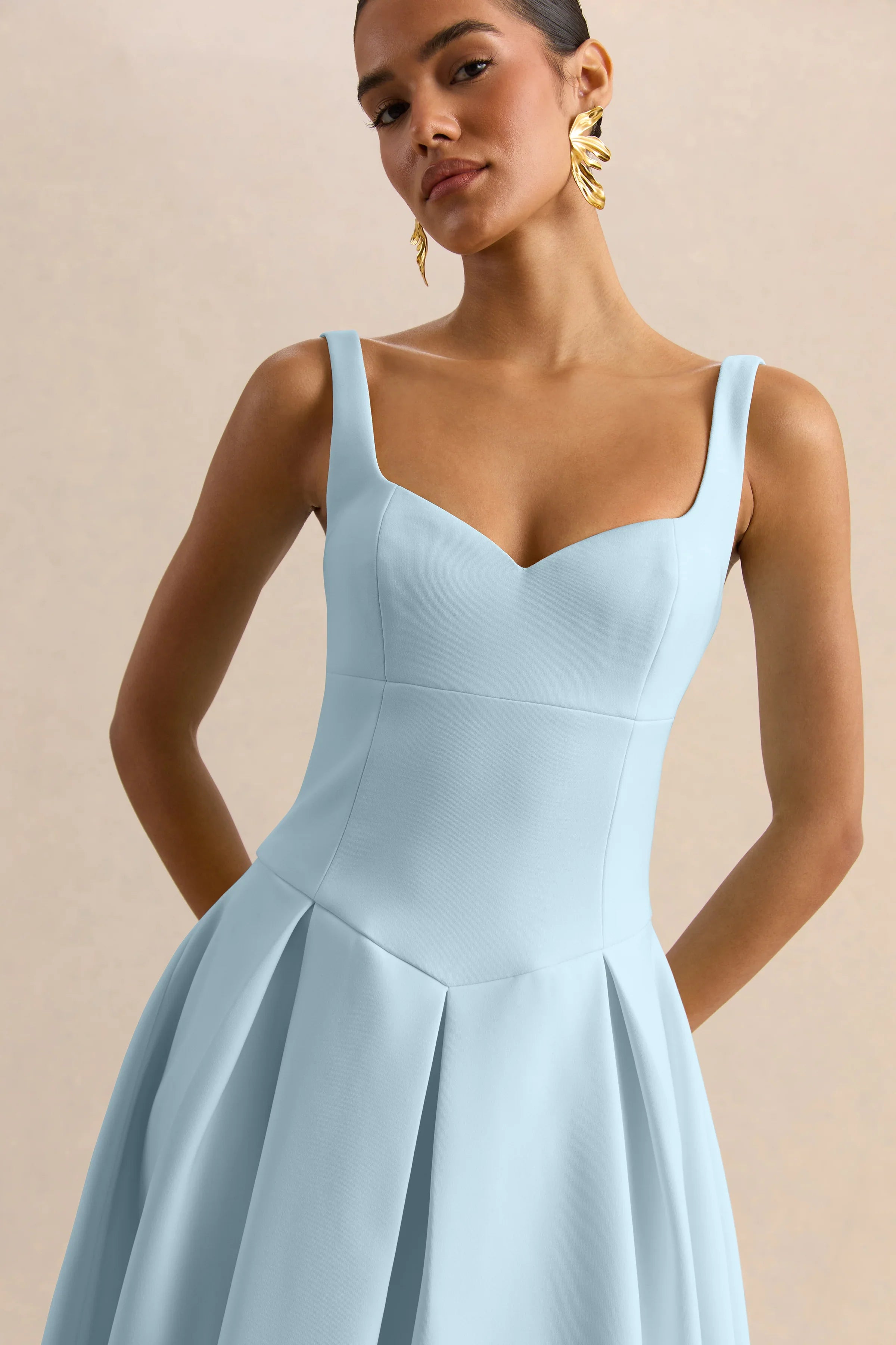 Greta Powder Blue Sweetheart Neck Midi Dress