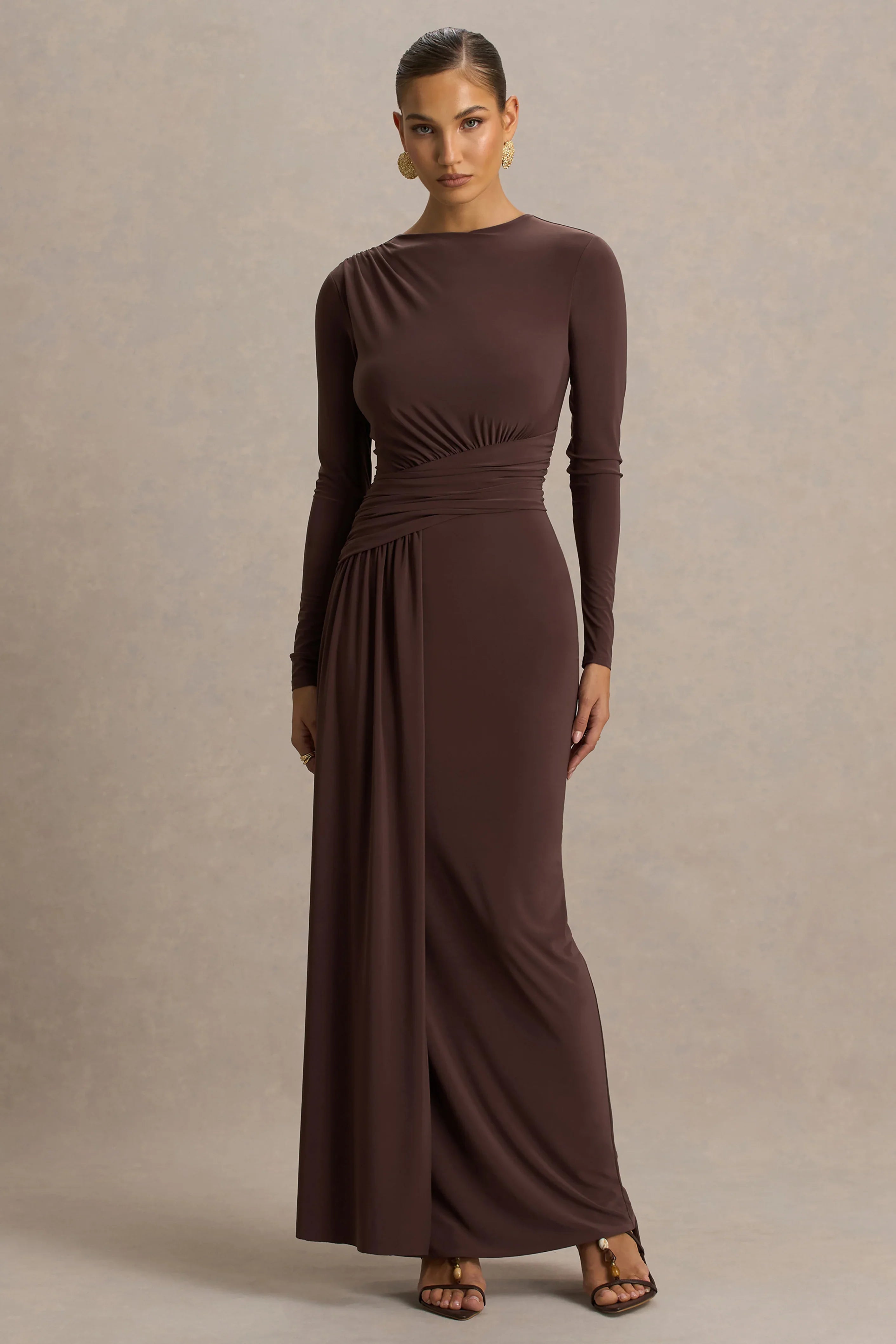 Virelle Brown Boat Neck Maxi Dress With Wrap Detail And Sash