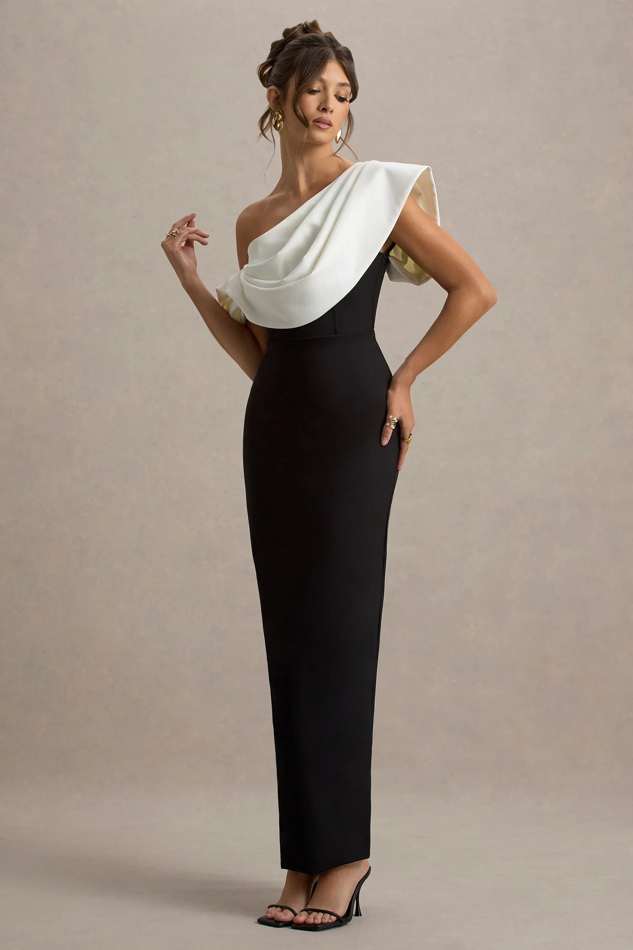 Angelina Black White Draped Shoulder Maxi Dress