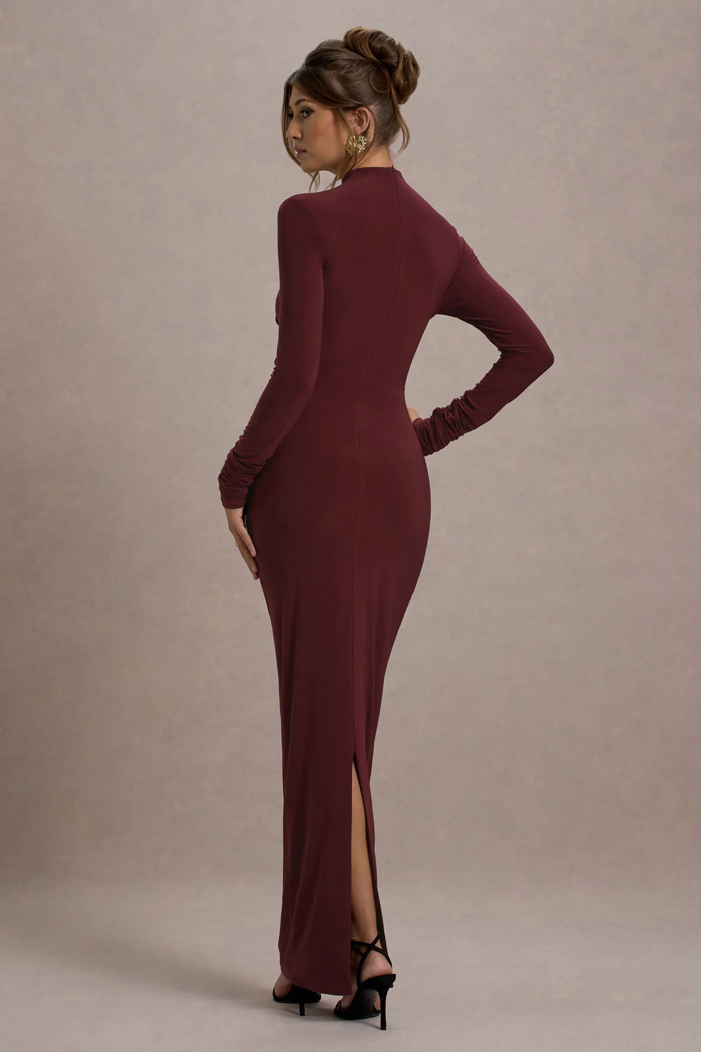 Hespera Port High Neck Long Sleeve Gathered Maxi Dress