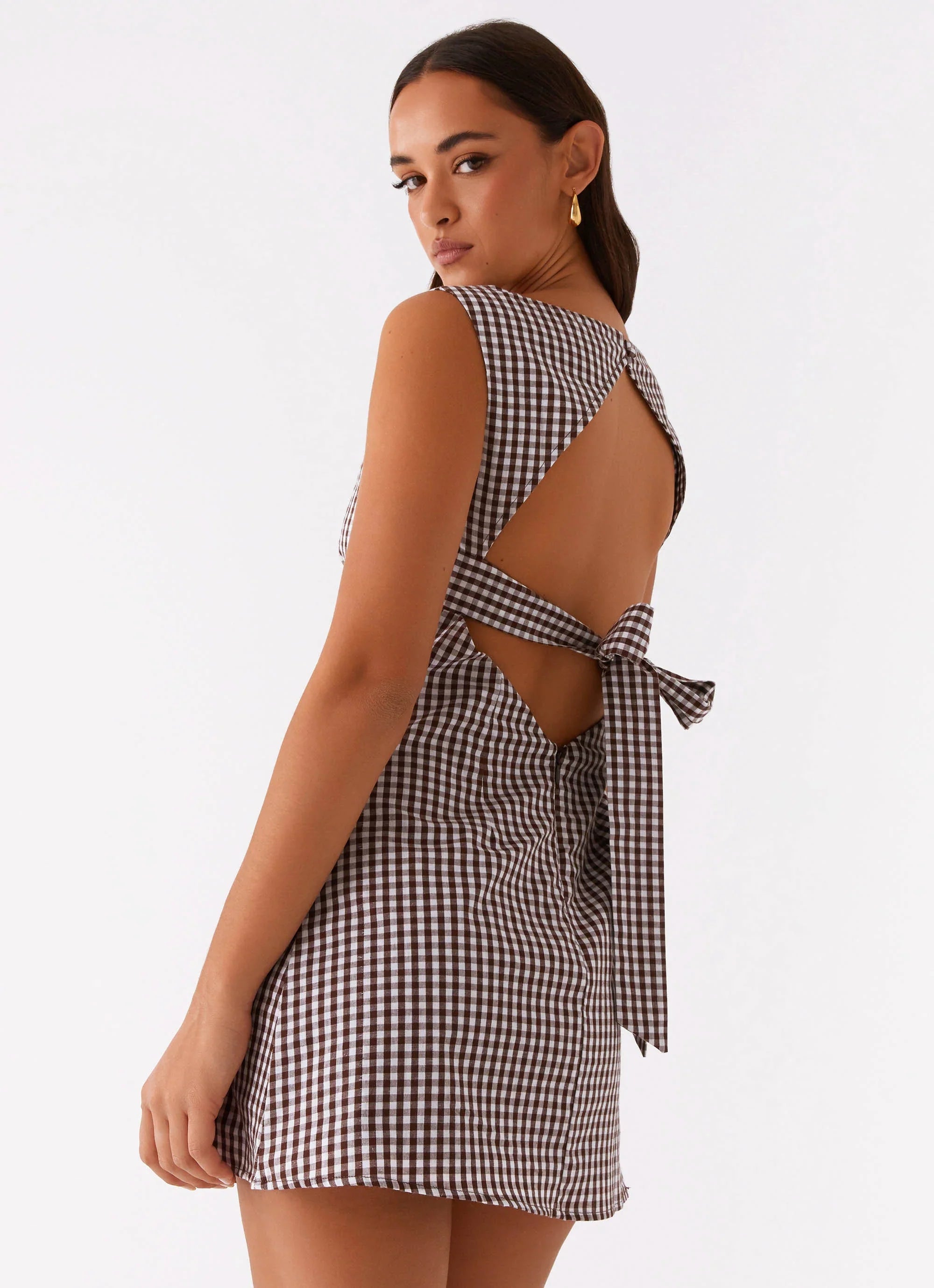 Lotus Tie Back Mini Dress Chocolate Gingham