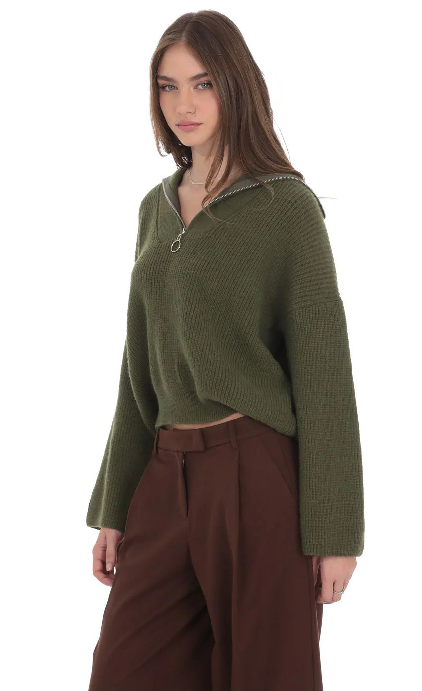 Knit Quarter Zip Jumper in Green