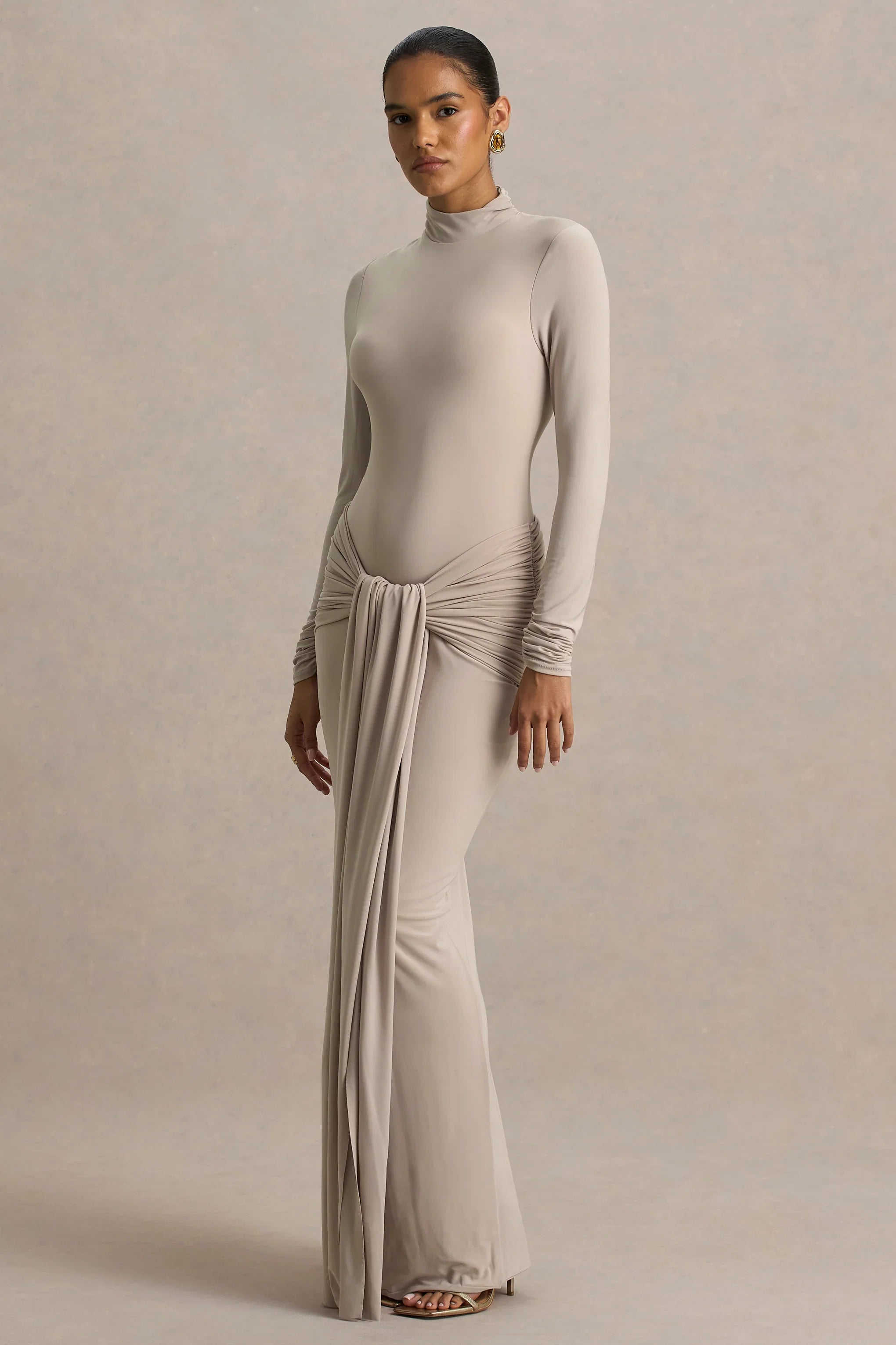Myra Champagne High Neck Maxi Dress With Sash and Ruched Detailing