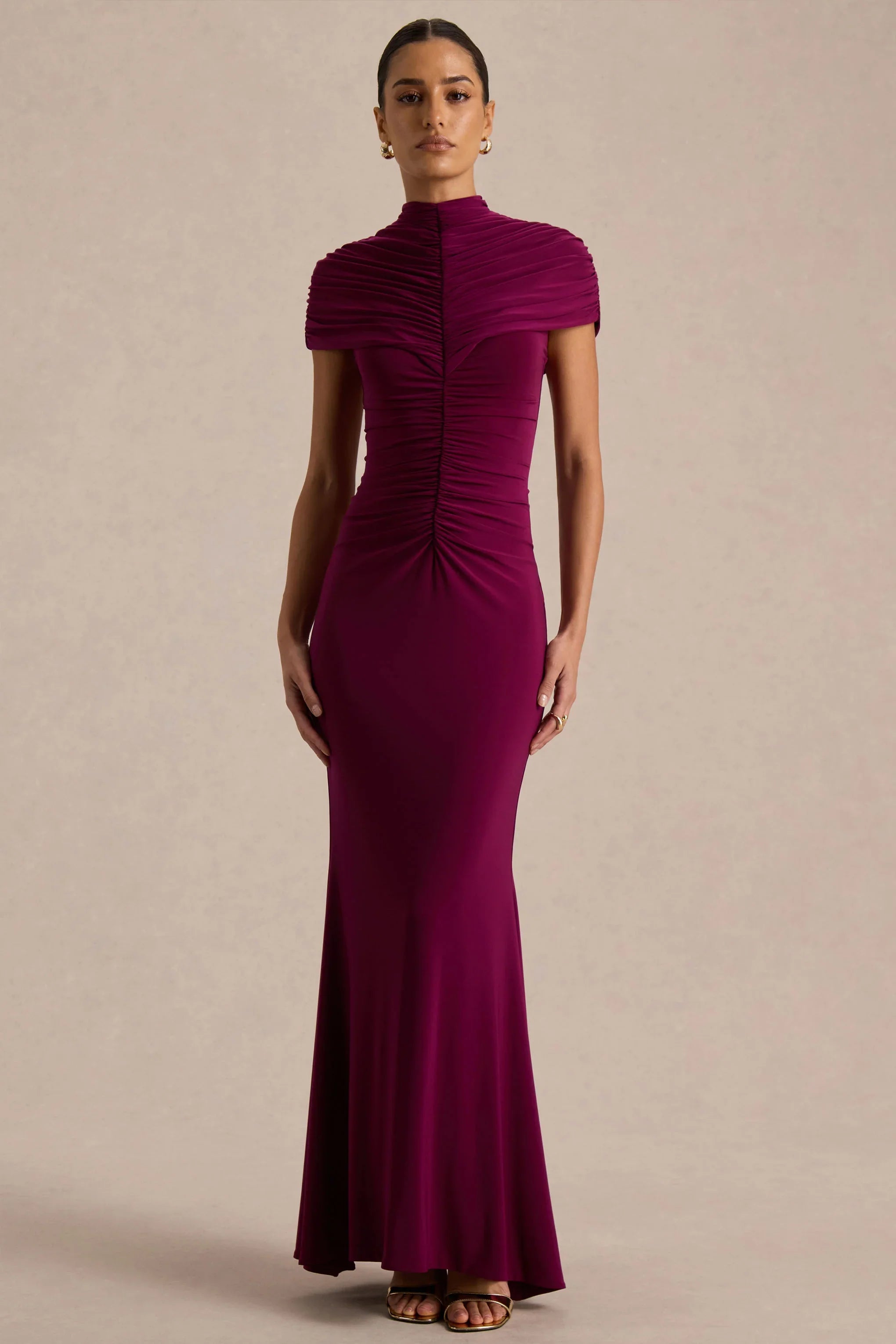 Azaria Burgundy High Neck Maxi Dress With Ruched Detailing