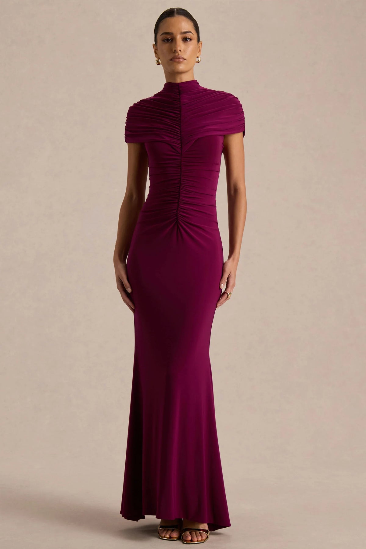 Azaria Burgundy High Neck Maxi Dress With Ruched Detailing