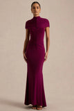 Azaria Burgundy High Neck Maxi Dress With Ruched Detailing