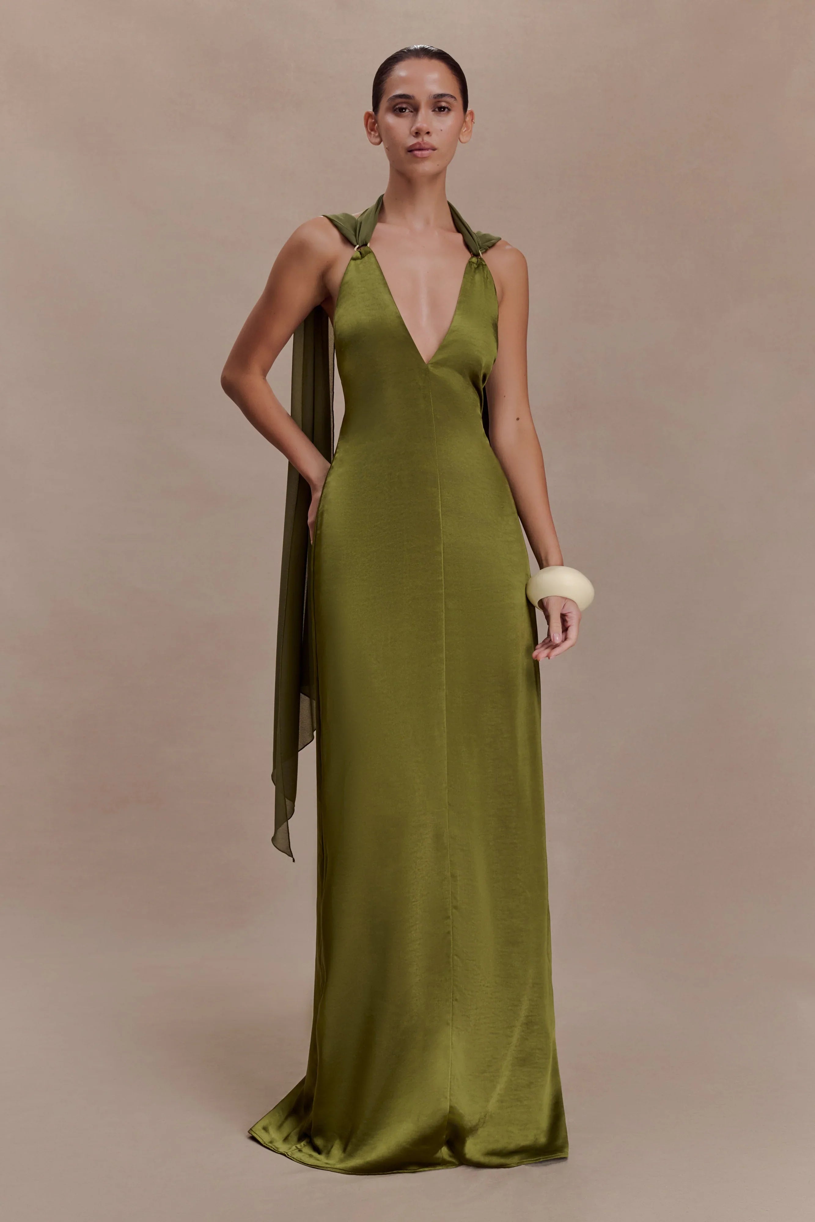 Myla Draped Shoulders Satin Maxi Dress Khaki