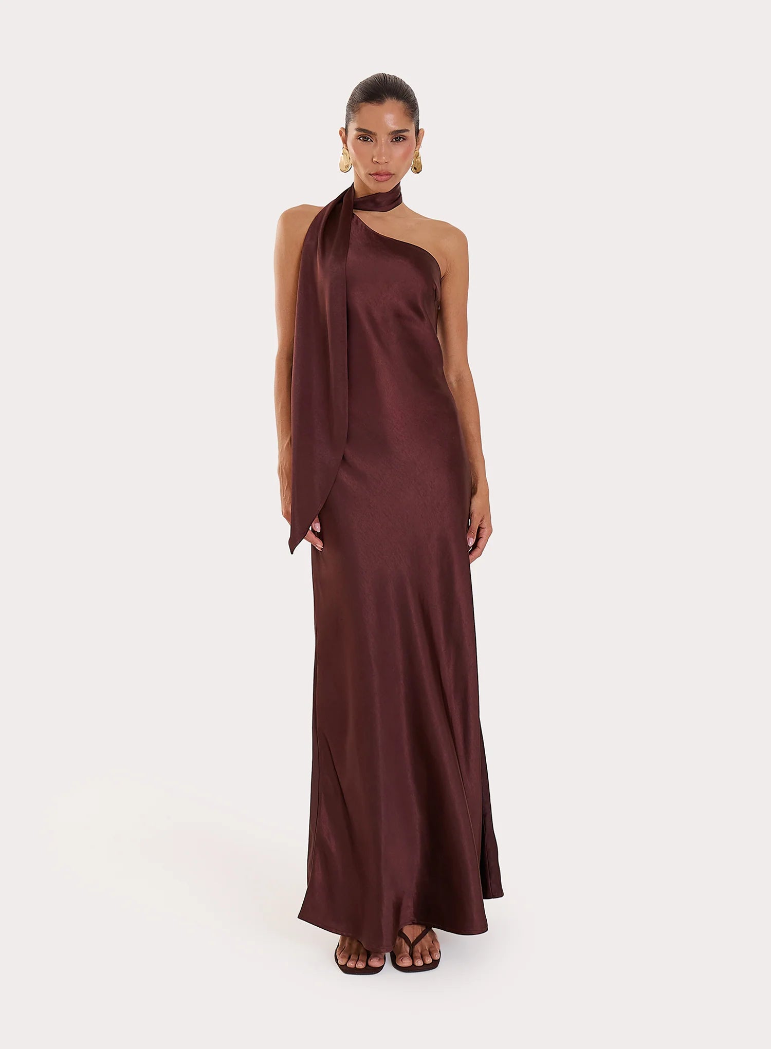 Chocolate Satin One Shoulder Maxi Dress