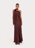 Chocolate Satin One Shoulder Maxi Dress