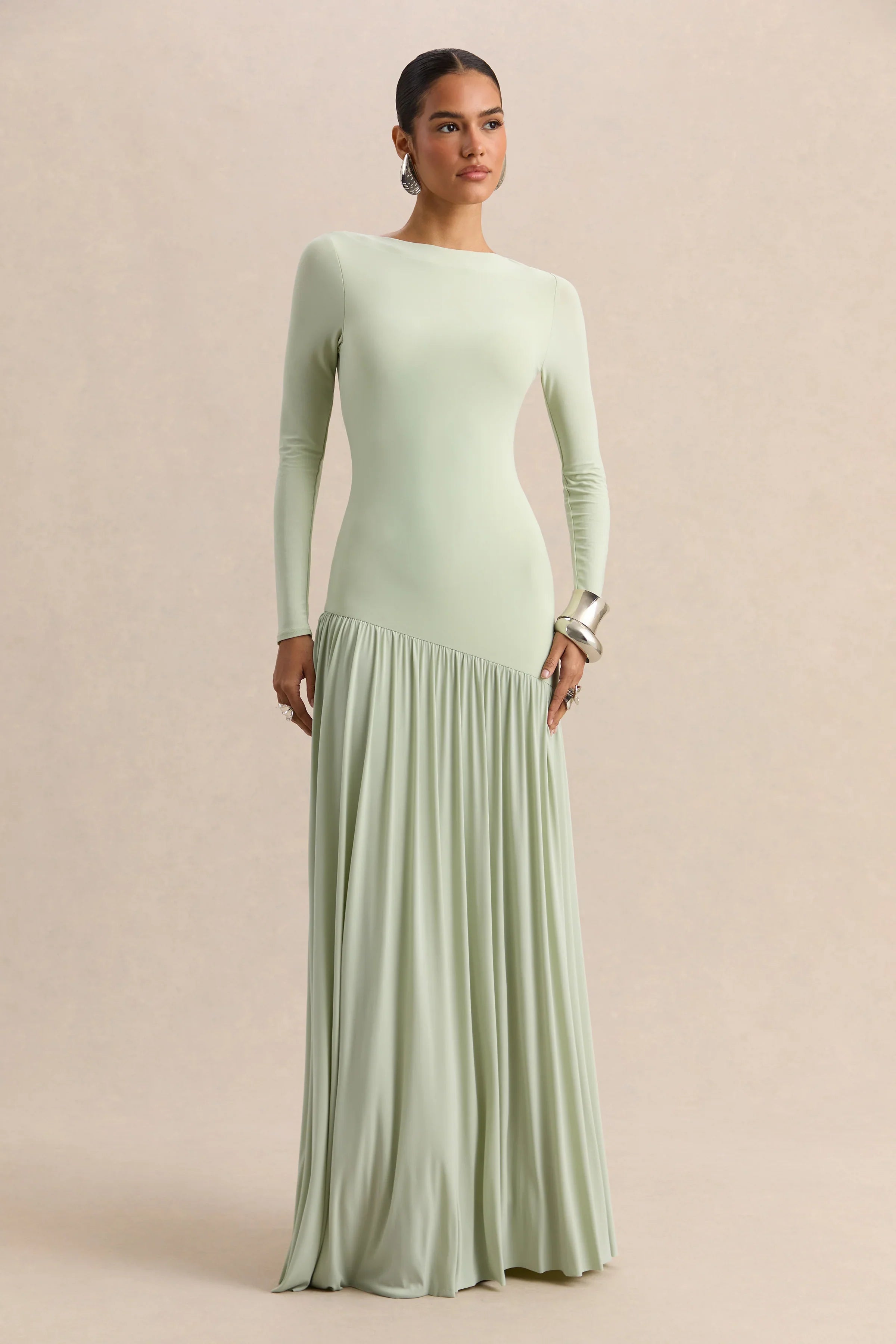 Jasira Mint Crew Neck Maxi Dress With Asymmetric Drop Waist