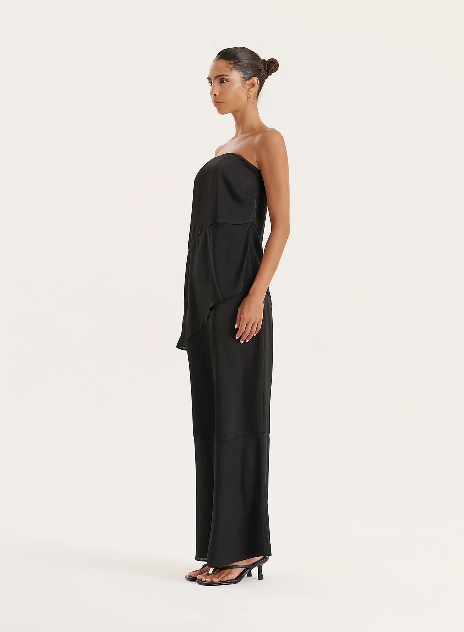 Black Satin And Chiffon Bandeau Asymmetric Top