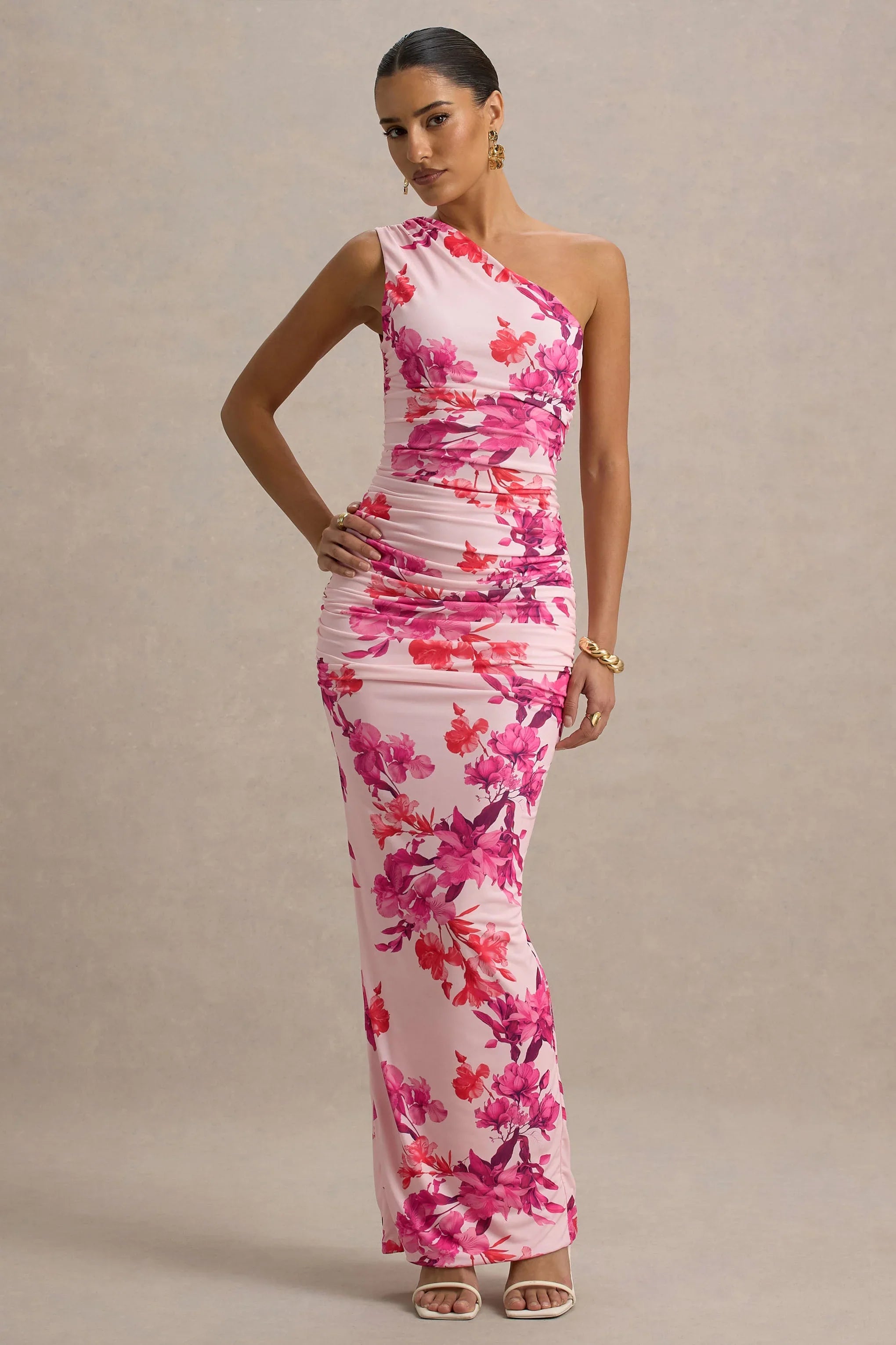 Dalarie Pink and Orange Floral Print One Shoulder Gathered Maxi Dress